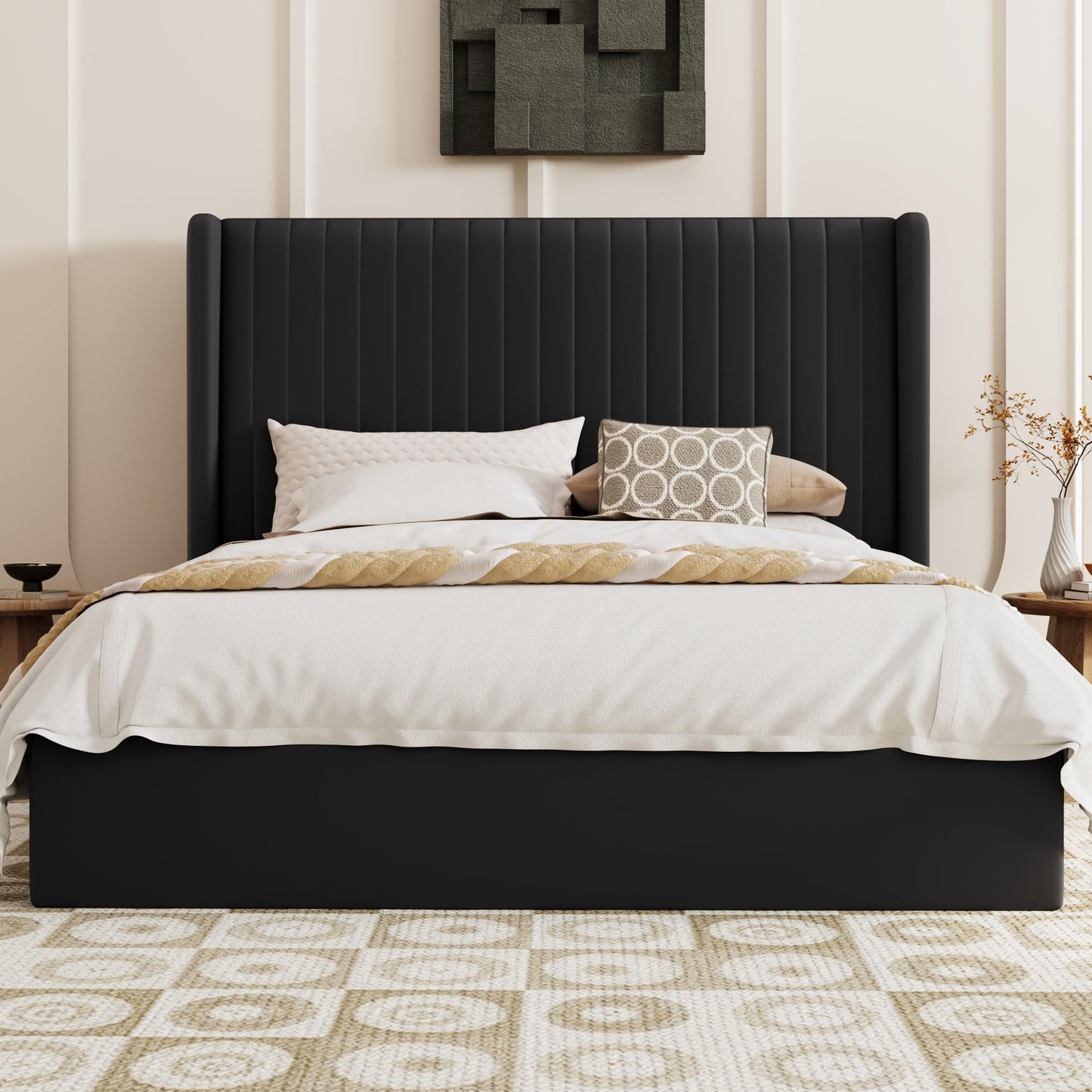 SHA CERLIN Queen Size Lift Up Storage Bed Frame, Vertical Channel Tufted Headboard with Wingback, Hydraulic Underneath Storage Space, Soft Velvet Upholstered Platform Bed, No Box Spring Needed, Black