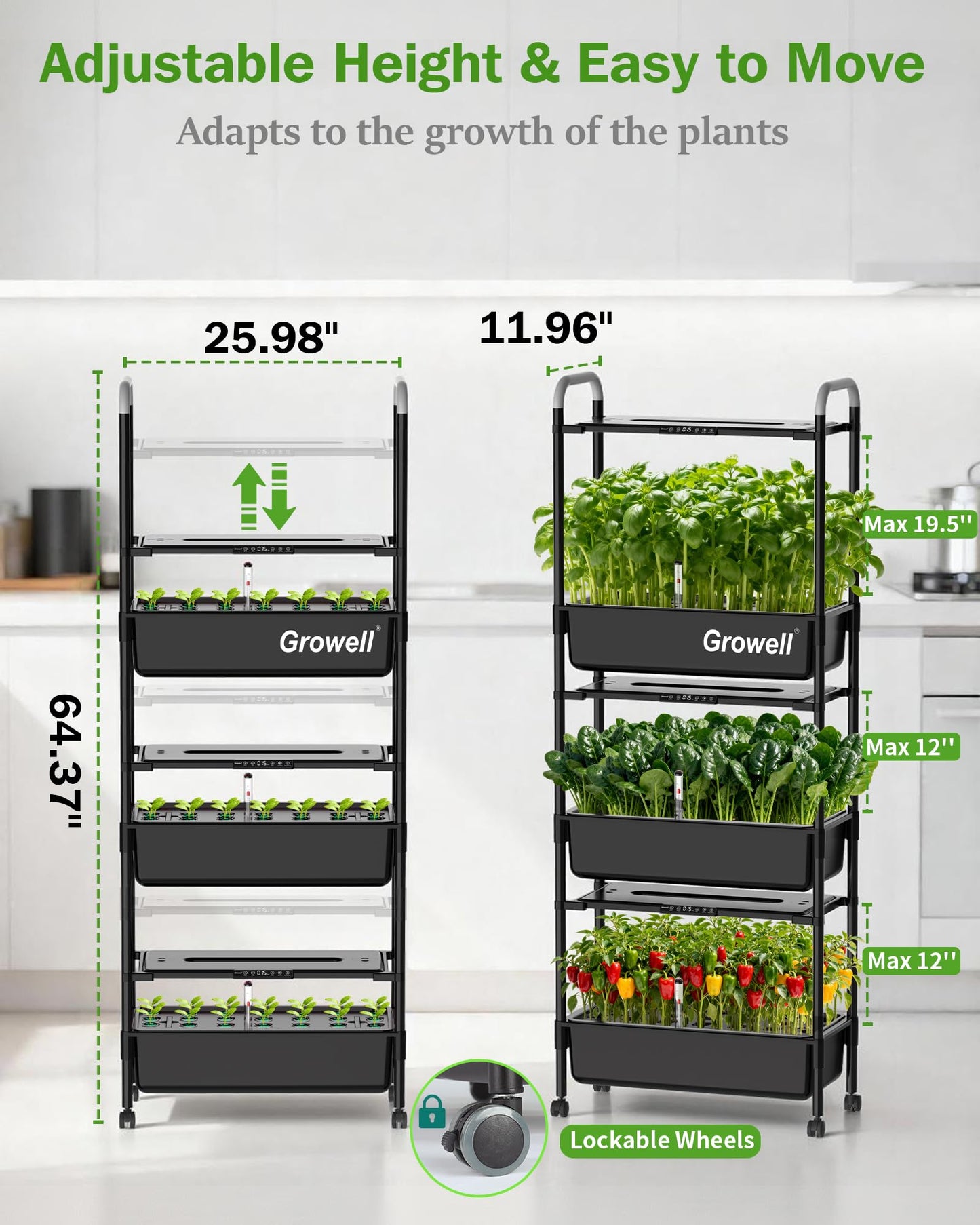 Growell Large Hydroponics Growing System Kit, 81 Pods Vertical Indoor Herb Garden Kit with LED Grow Light & Independent Water Pump, 42L Movable Indoor Planter Perfect Gardening Gifts (3 Tier-Black)