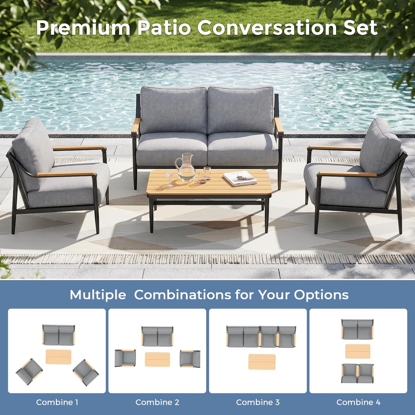 Jocoevol 4 Pieces Outdoor Sofa Conversation Set, 4 Seats Couch Set with Table, Metal Frame Rope Weaving Design UV Resistance Waterproof for Patio Garden Balcony, Grey