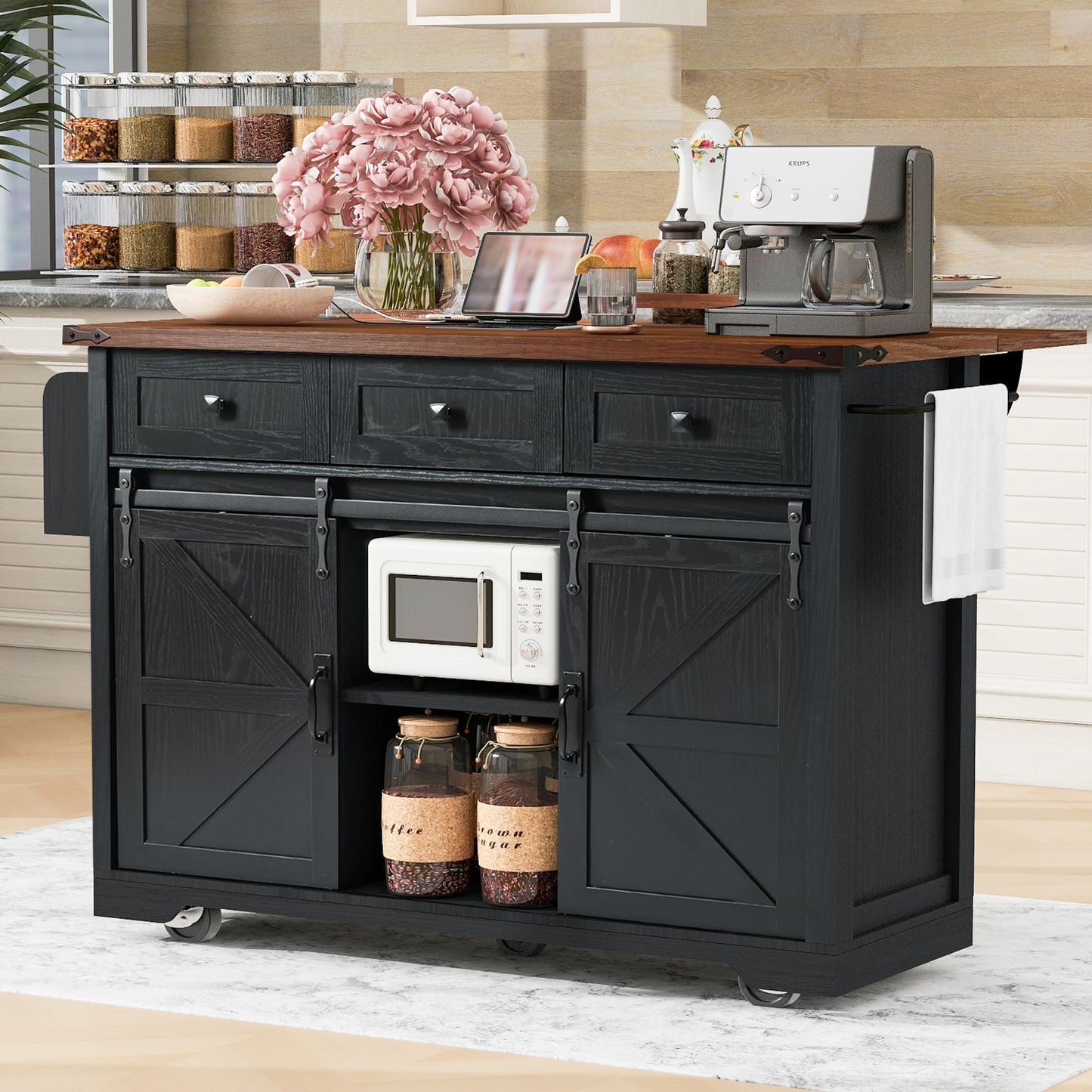 YOPTO Farmhouse Kitchen Island Cart With Power Outlet & 2 Sliding Barn Doors, Rolling Storage Island W/Drop Leaf Spice Rack and 5 Universal Wheels, for Home and Dining Room, Black, 53.7"