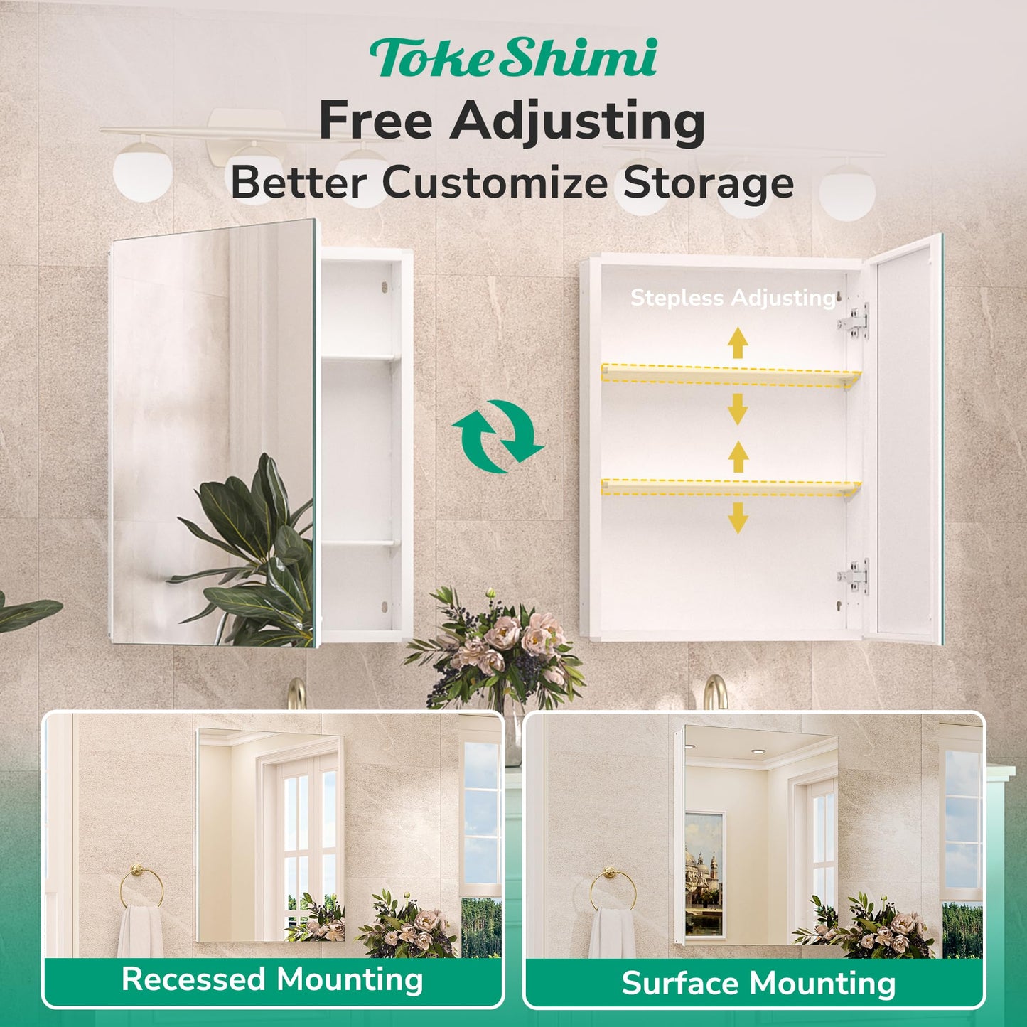 TokeShimi 30x26 Medicine Cabinet Mirror with Storage Tempered Aluminum Recessed or Wall Mounted Cabinet White with Stepless Adjustable Metal Shelves for Bathroom Vanity Modern Farmhouse