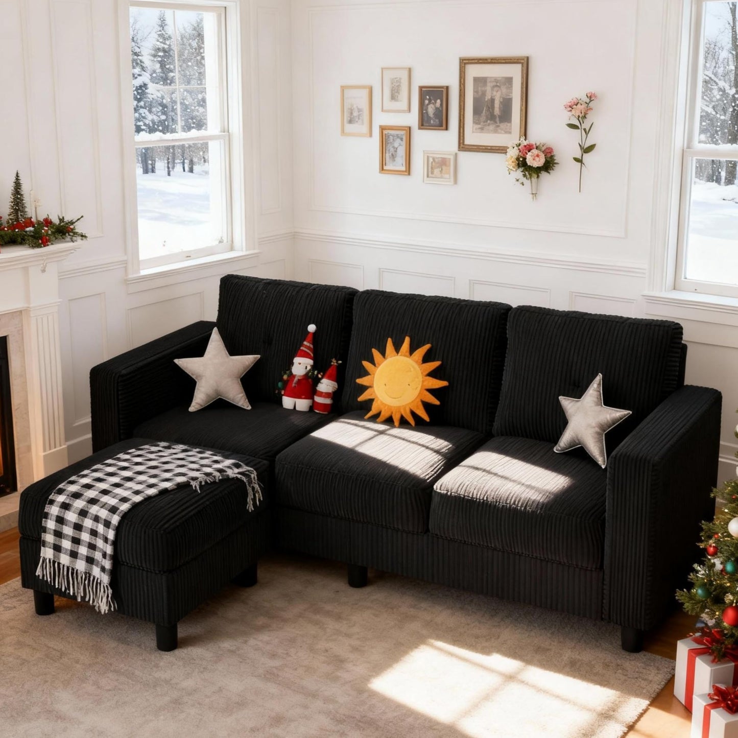 SUNLEI Convertible Sectional Couch Sofa for Small Spaces, L Shaped Modular Sofa with Removable Ottoman Storage, 3 Seat Modern Small Couches for Living Room in Apartment, Jet Black