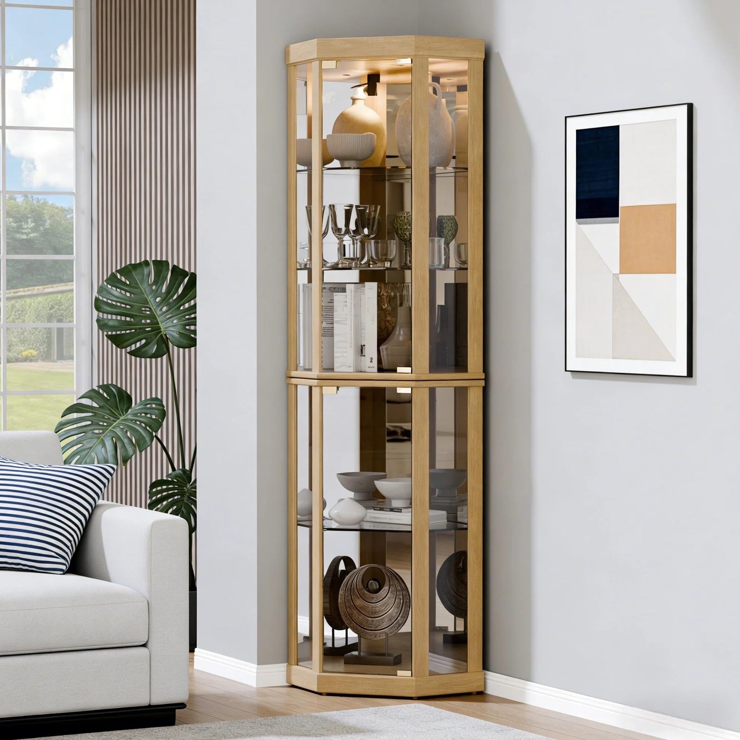 Topcomfy Corner Curio Cabinet, Lighted 3-Side Glass Display Curio Cabinet with Tempered Glass Doors & Adjustable Shelves, Wine Bar China Cabinet with Bulb for Living Room (Light Oak)