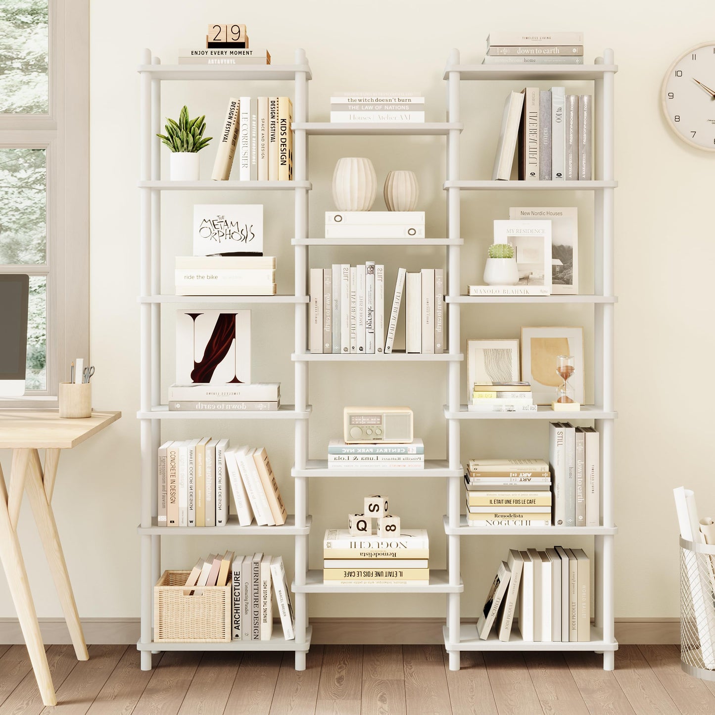 IOTXY Wooden Triple Wide Bookshelf - 6-Tier Large Shelf Bookcase with Solid Beech Frame, Tall Freestanding Open Etagere Display Rack for Home Office, White
