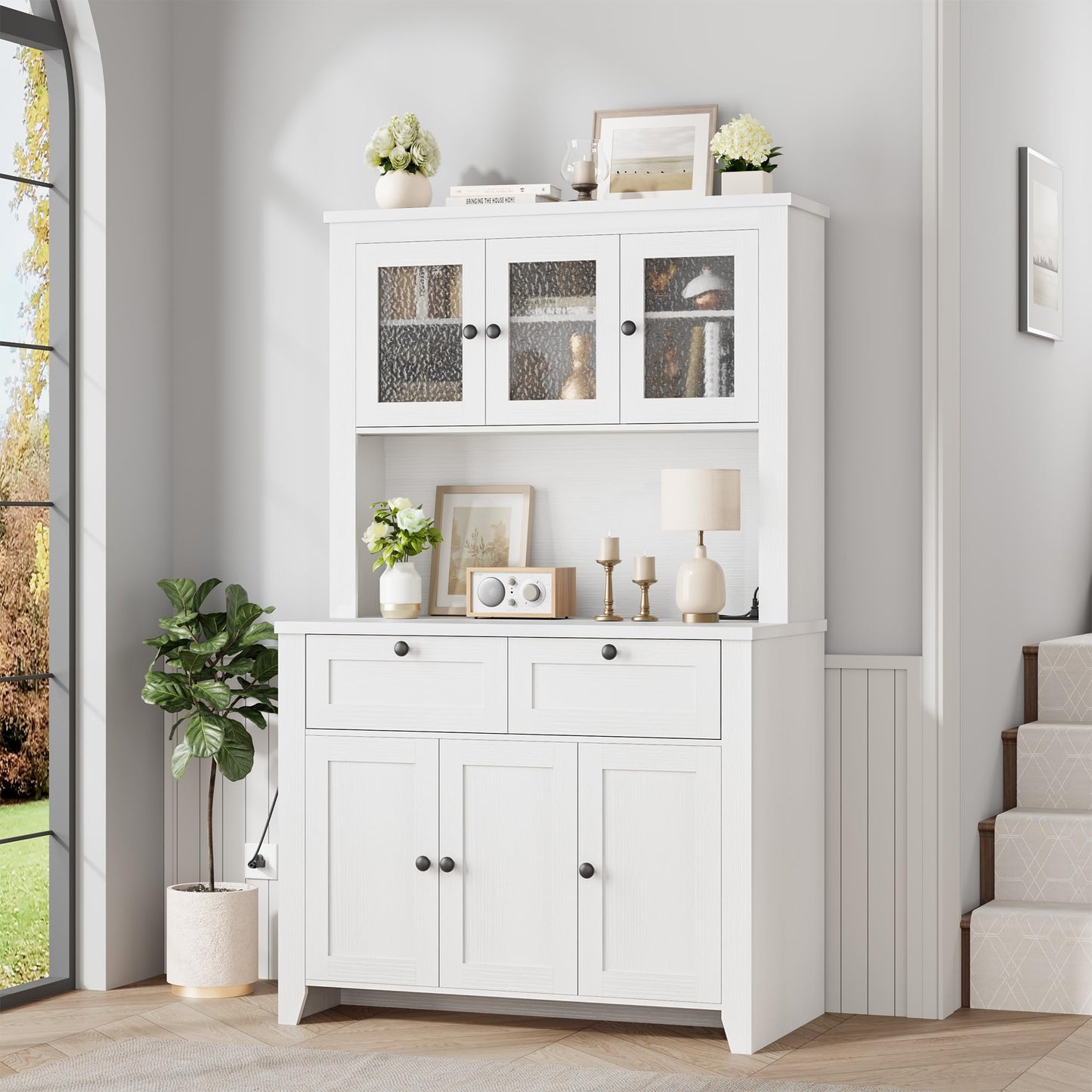 Pantry Cabinet with Charging Station, Farmhouse Kitchen Pantry Storage Cabinet with Countertop, Large Kitchen Hutch with Storage Drawers and Adjustable Shelves & Water Ripple Design for Dining Room,