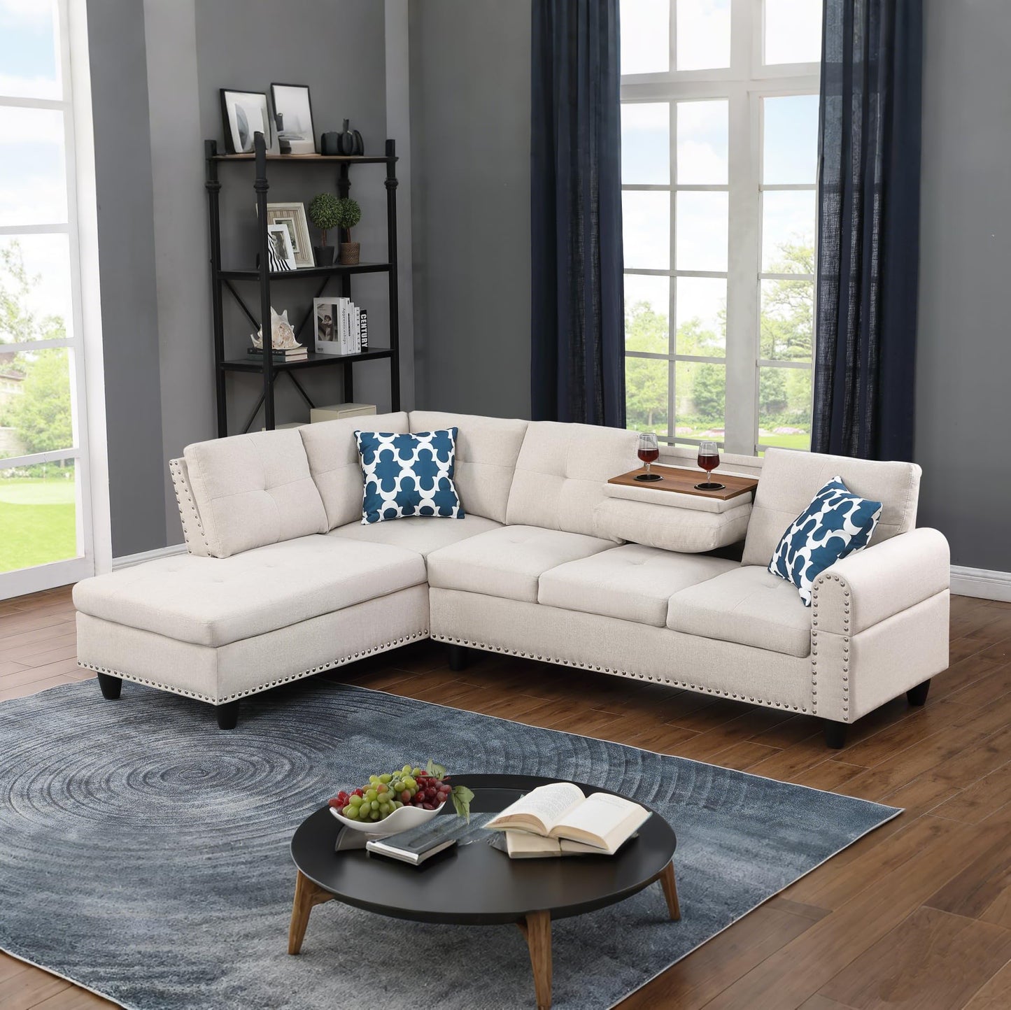 Ball & Cast 98" L Shaped Sectional Couch with Left-Facing Chaise,Faux Leather Upholstered Modular Sectional Sofa with 2 Pillows and Cup Holders,5 Seater Comfy Sofa,Nailhead Trim Design,Black