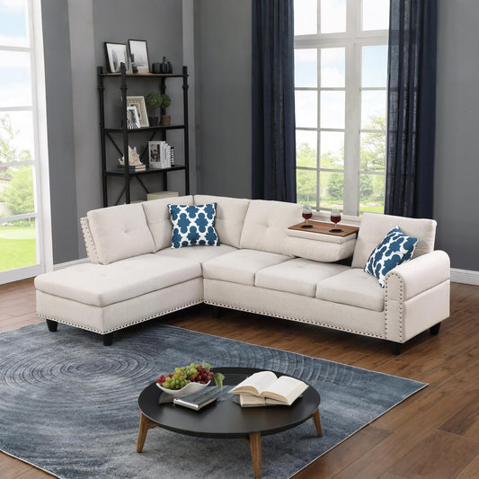 Ball & Cast 98" L Shaped Sectional Couch with Left-Facing Chaise,Faux Leather Upholstered Modular Sectional Sofa with 2 Pillows and Cup Holders,5 Seater Comfy Sofa,Nailhead Trim Design,Black