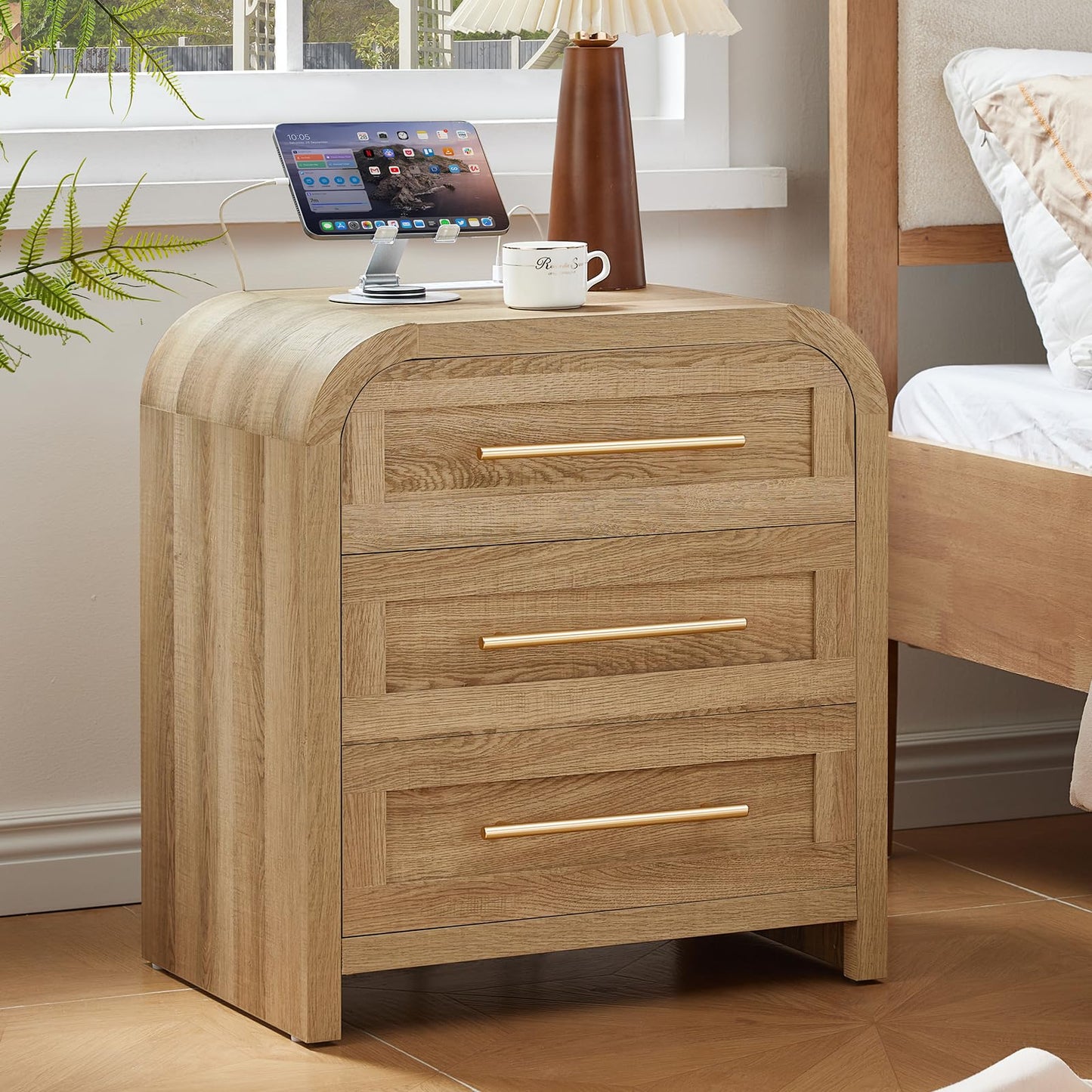 JINVICJIASI Oak Night Stand with Charging Station, Curved Nightstand with Drawers & Metal Handle, 22" Modern Side End Tables, Thick Desktop Bedside Table Storage Cabinet for Bedroom Home