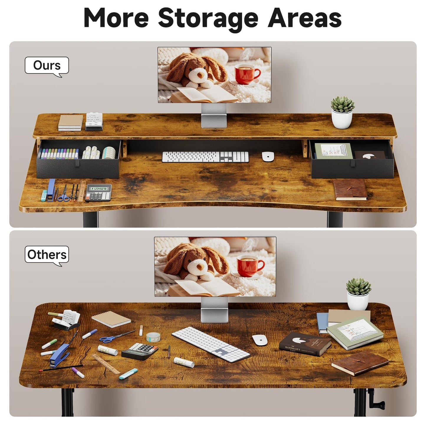 Veken 47.2"×27.6" Standing Desk with Storage Drawers, Adjustable Height Computer Table with Monitor Shelf, Home Office Desk for Study, Gaming, Workstation, Brown