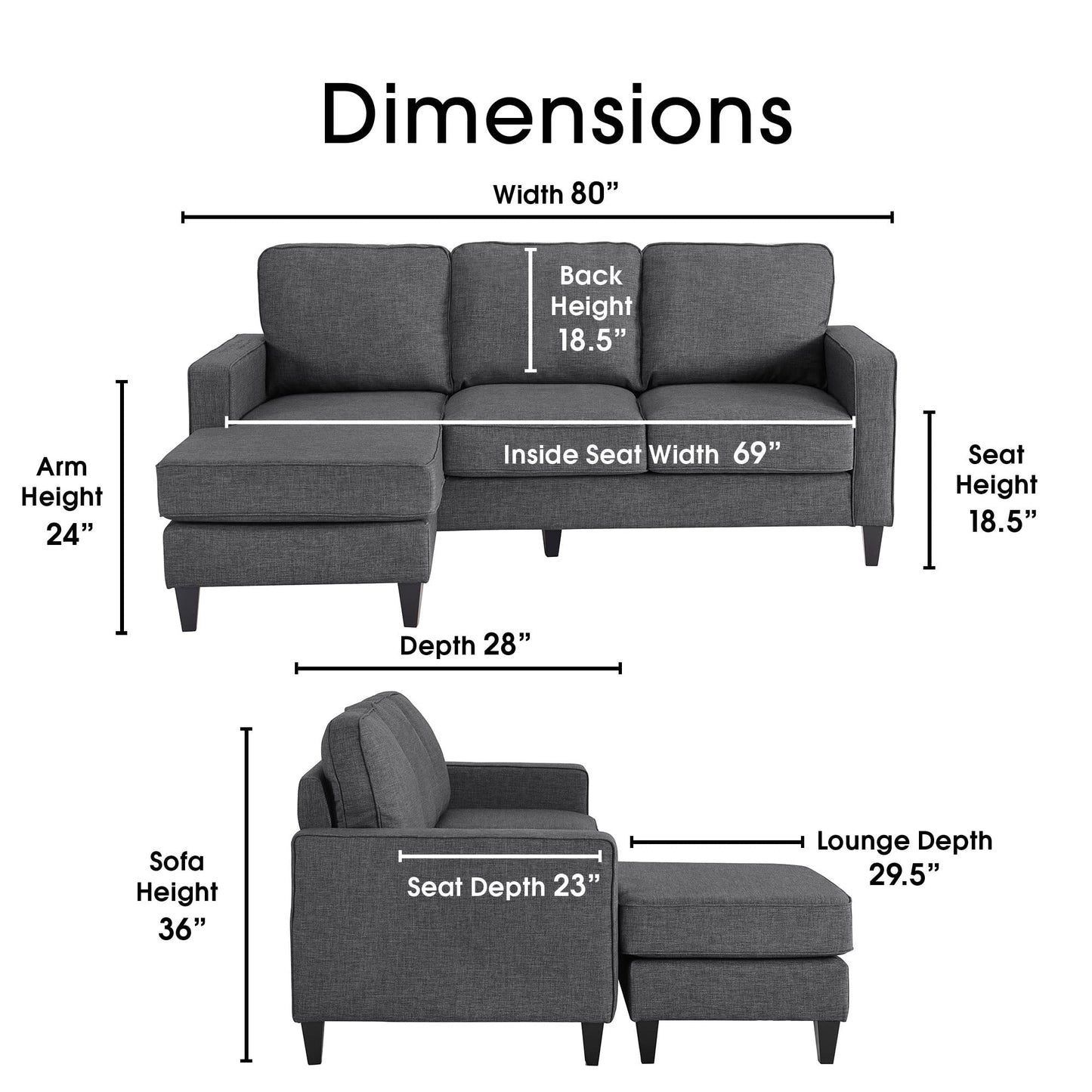 Serta Harmon Reversible Sectional Sofa, Modern L-Shaped Couch for Small Spaces, Soft Fabric Upholstery, Square Arm, Pillow Back Cushions, Dark Gray