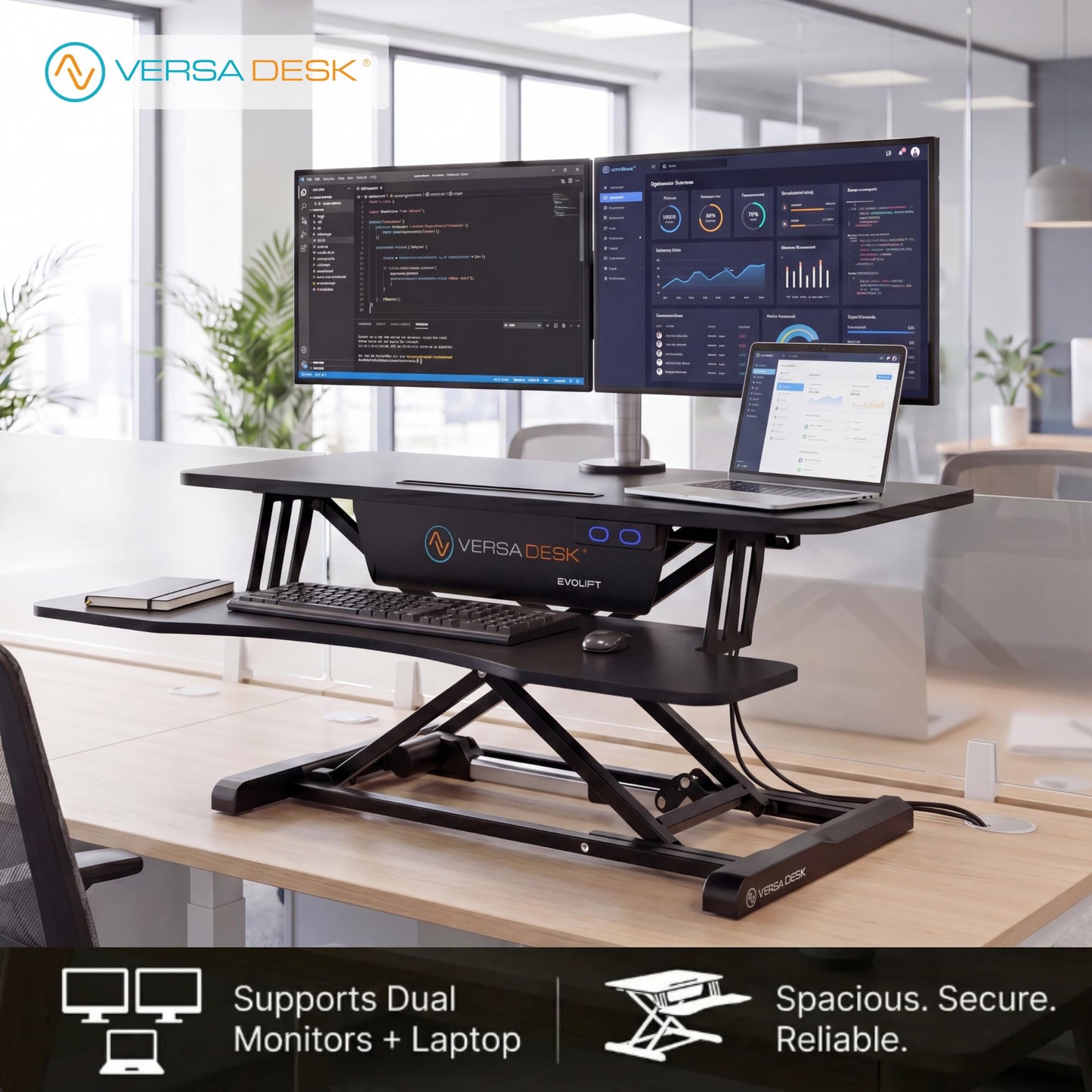 VERSADESK EvoLift 32" Electric Standing Desk Converter, Sit to Stand Motorized Desk Riser, 1-Button Easy Lift, Dual Monitor Workstation, Wide Keyboard Tray, Built-in Device Stand, Black