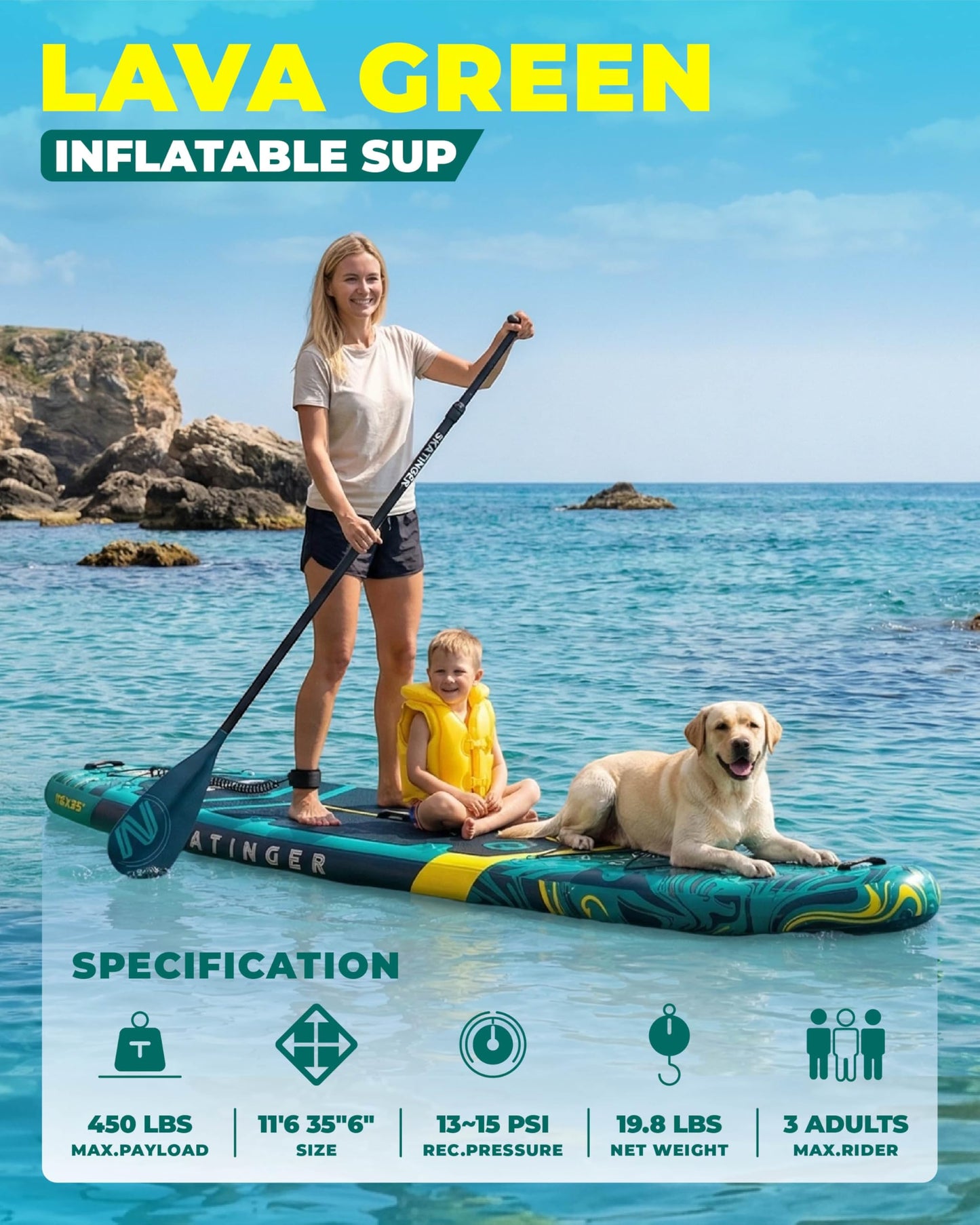 Skatinger 11'6×35" Super Wide Inflatable Paddle Board, Ultra Stable Stand Up Paddleboards for 450lb/3 People/Family/Big Size w/Shoulder Strap, 100L Backpack, Ultra-Light All-Round Sup Board