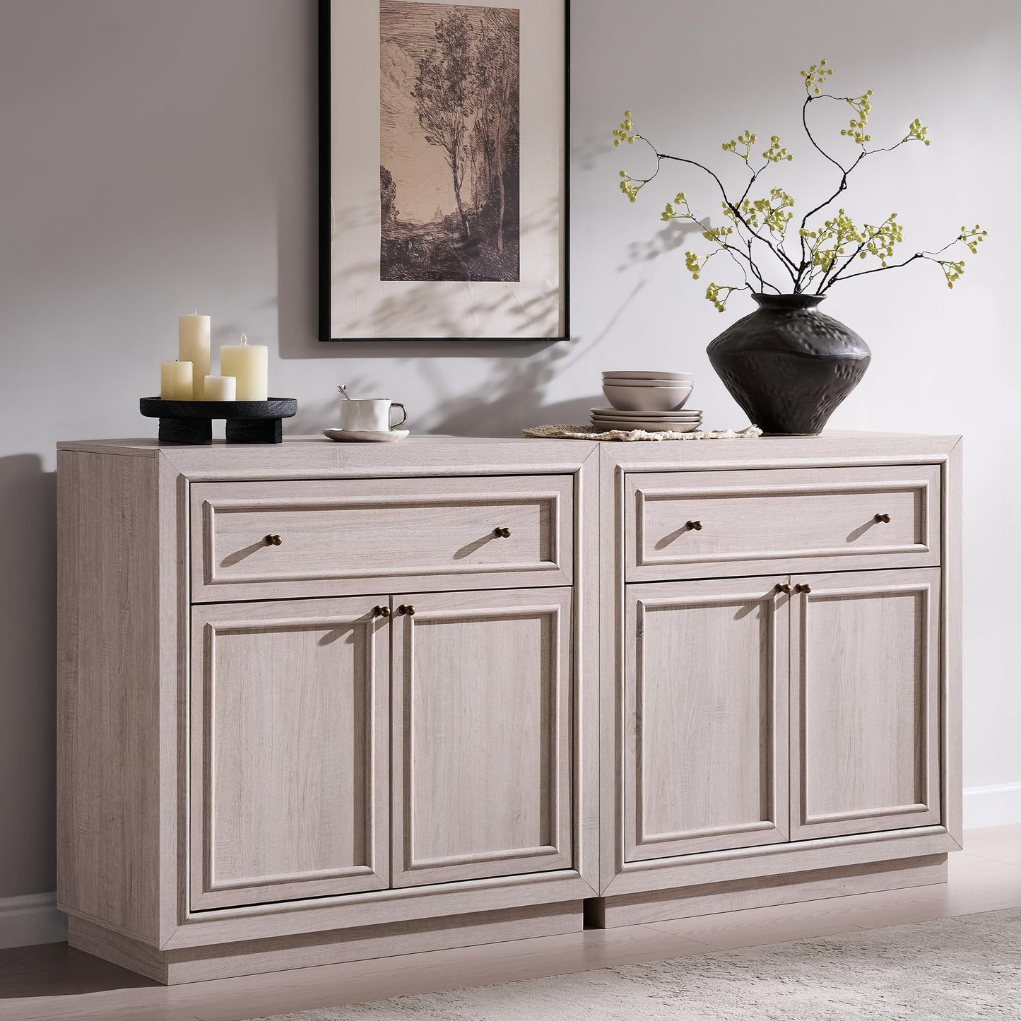 ACCOHOHO Modern Farmhouse Buffet Cabinet, 63" Sideboard Credenza, Modular Storage Cabinet with Framed Panel Fronts, 4 Doors, 2 Drawers, Adjustable Shelves & Dual Base Design, White Alder