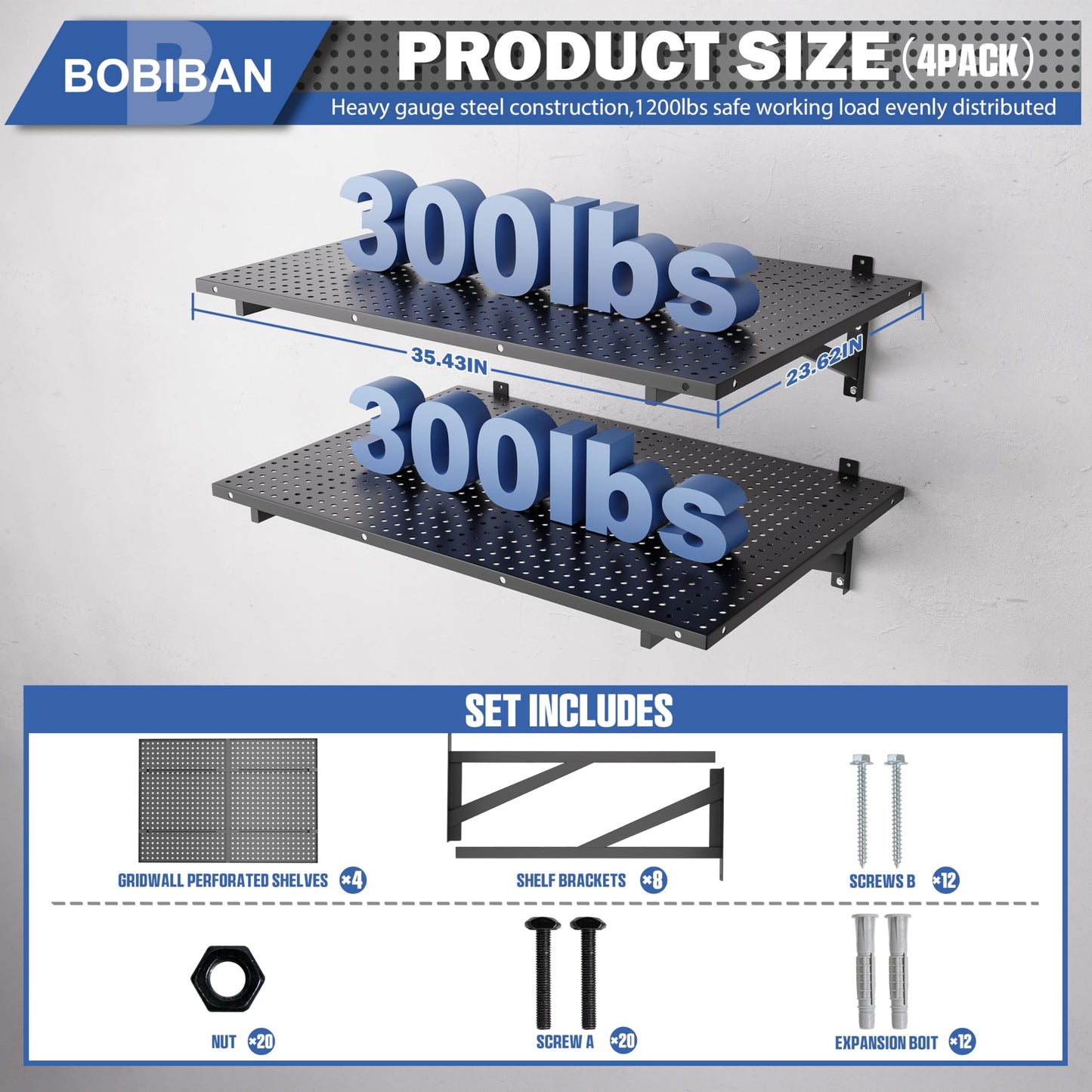 BOBIBAN 4 Pack Garage Wall Shelving Heavy Duty 2x3ft, Black