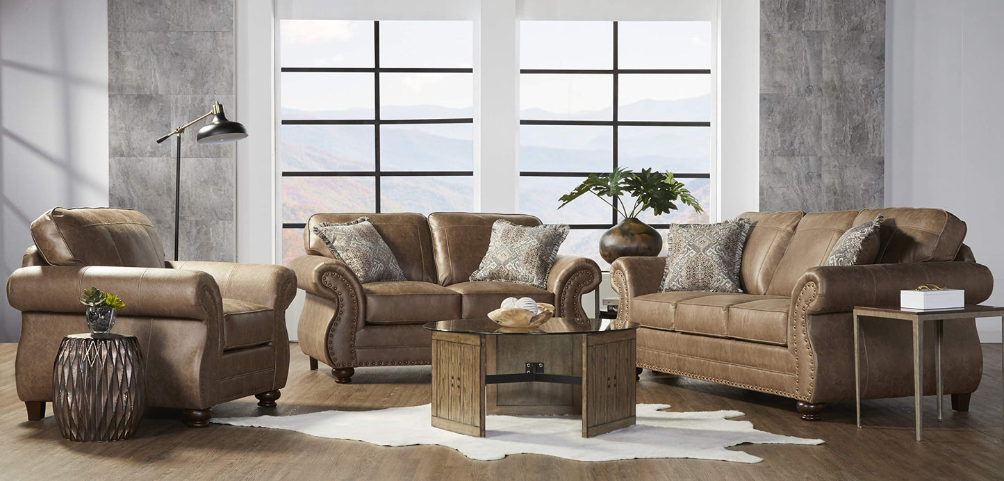 Roundhill Furniture Leinster Fabric Upholstered Nailhead 3-Piece Livingroom Set, Sofa, Loveseat, and Chair Set in Jetson Ginger