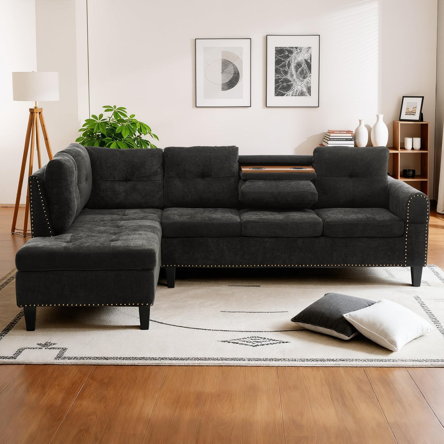 Trygoal Modular Sectional Sofa with Cup Holders, L Shaped Sectional Couch with Chaise and Adjustable Backrest, Modern Linen Fabric Couch for Living Room, Apartment, Small Space, Dark Gray