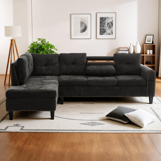 Trygoal Modular Sectional Sofa with Cup Holders, L Shaped Sectional Couch with Chaise and Adjustable Backrest, Modern Linen Fabric Couch for Living Room, Apartment, Small Space, Dark Gray