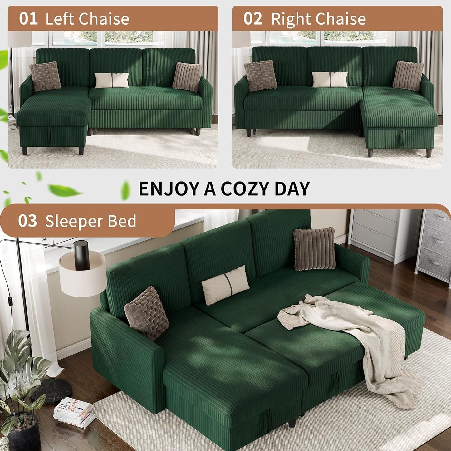 Shintenchi Futon Sofa Bed Convertible Couches L Shaped, 4‑in‑1 Sectional Sleeper Sofa Pull Out Couches for Living Room, Multifunctional Couch with Storage Chaise Corduroy Fabric, Green