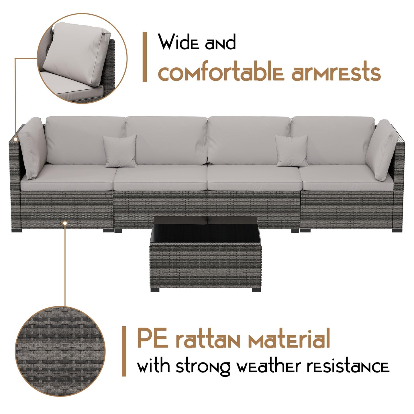 LHBcraft 7 Pieces Outdoor Furniture Set, Wicker Furniture Patio Conversation Sets with Tea Table and Thickened Beige Cushions,Grey Outdoor Patio Sectional Sofa for Garden, Poolside, Backyard