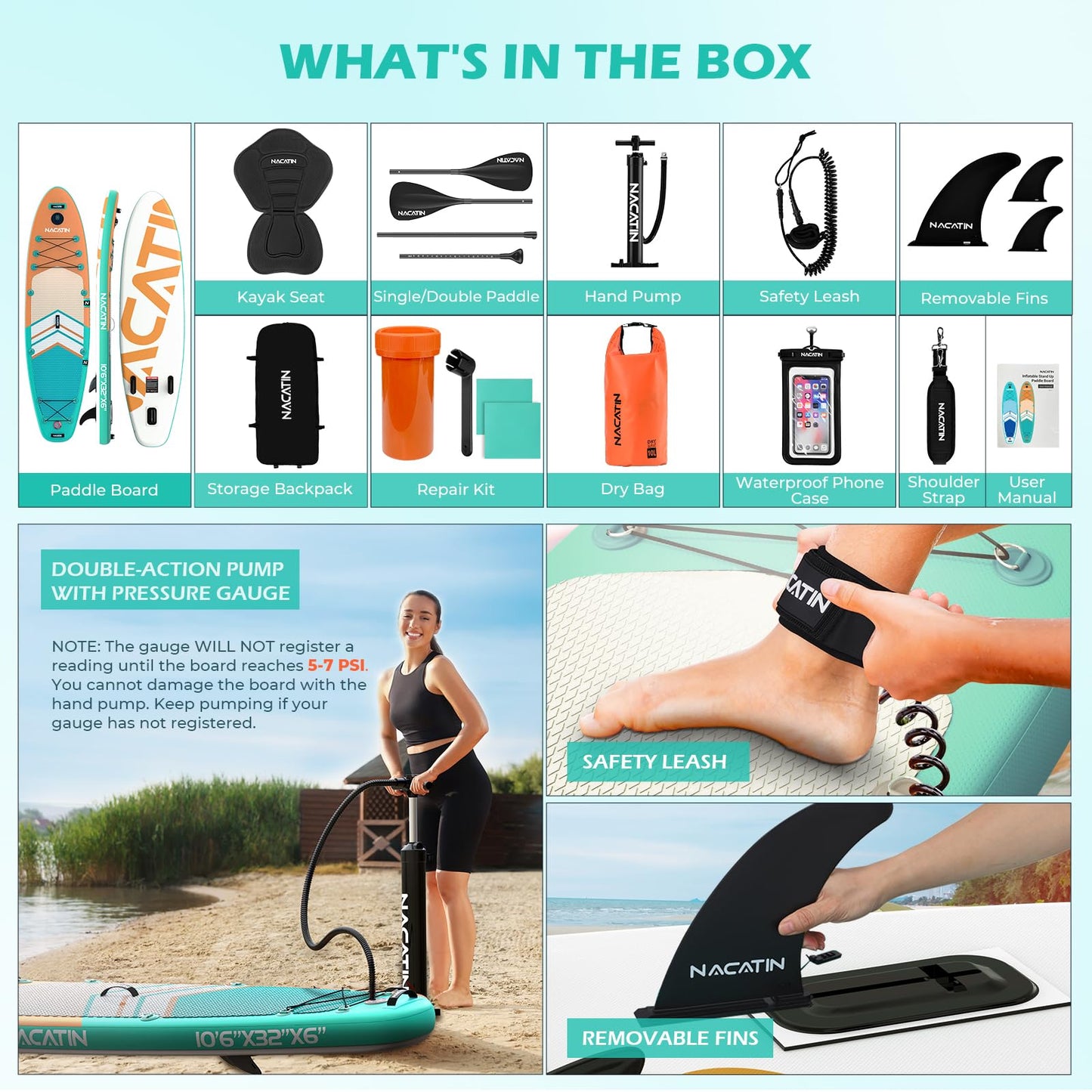 NACATIN Inflatable Stand Up Paddle Board,10'6"Upgrade Version Blow Up Paddle Boards for Adults with Premium SUP Accessories& Backpack,Adjustable Paddle,Camera Mount,Hand Pump, for Lake, River, Yoga