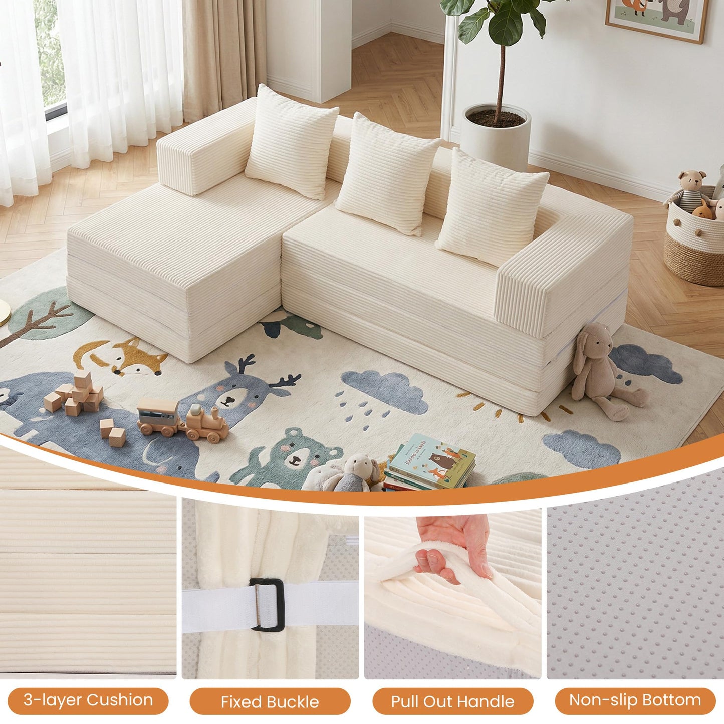 65" Boneless Couch,Convertible Sleeper Sofa Bed, Modular Sectional Sofa, Modern Tri-Folding Cloud Couch with L-Shape Chaise, Corduroy Futon Couches for Living Room Small Spaces Apartment,No Assembly