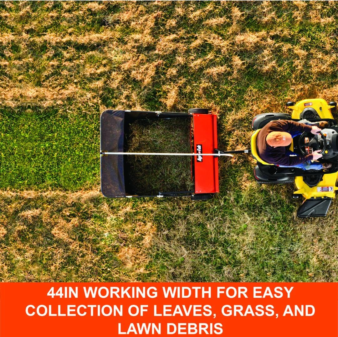 Agri-Fab 44 In Tow-Behind Lawn Sweeper with 28 Cu Ft Flow-Through Hopper Bag, Adjustable Brush Height, and Dump From Seat Handle