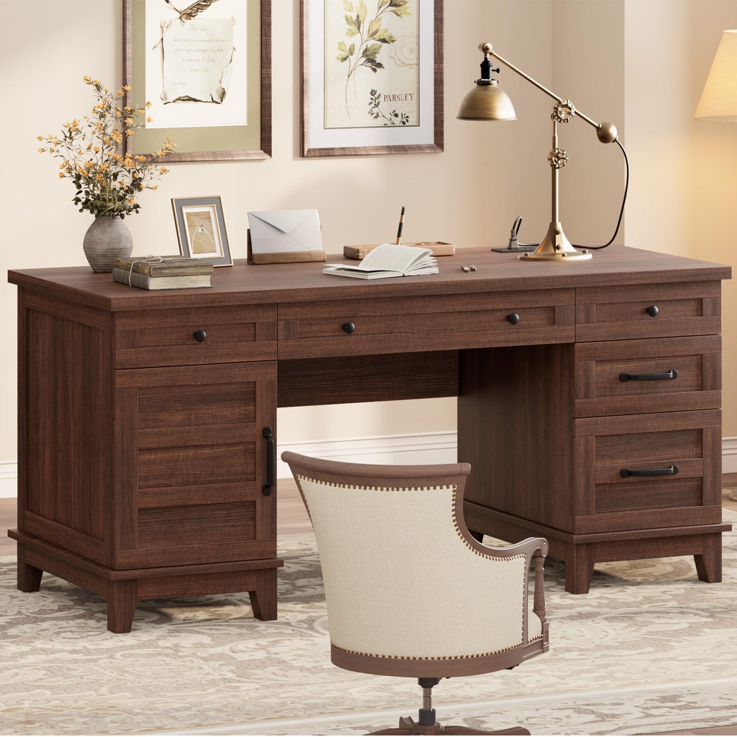 IDEALHOUSE Farmhouse Executive Desk 60 Inch, Wooden Home Office Desk with Adjustable Storage Cabinet, Built-in Charging Port, File Cabinet for Writing & Study, Elegant Workstation, Retro Brown
