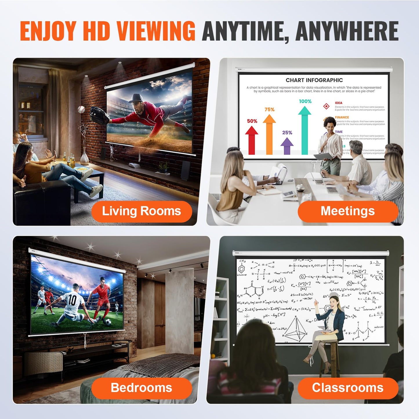 VEVOR Projector Screen, 100 inch Manual Pull Down Projector Screen, 16:9 4K 1080 HD Projector Screen, Auto-Locking Portable Projection Screen, Projector Screen for Family Home Office Theater