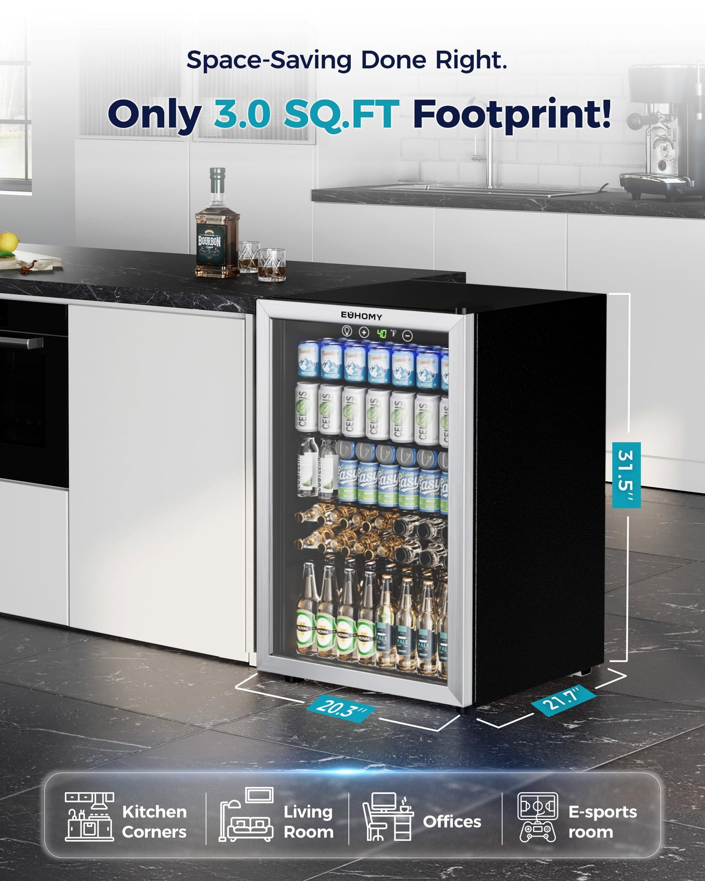 EUHOMY 4.5 Cu.ft Beverage Refrigerator and Cooler, 145 Can Mini fridge with Glass Door for Soda Beer Wine, Small Drink Dispenser with Digital Adjustable Thermostat for Home Office Bar