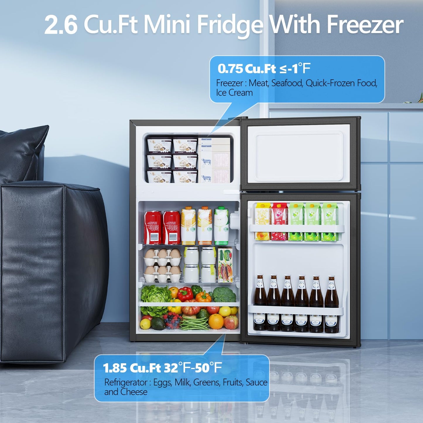 Electactic 2.6 Cu.Ft Mini Fridge with Freezer, Double-Door Compact Refrigerator, Adjustable Glass Shelves, Mechanical Thermostat & Built-in Casters, Space-Saving for Apartment/Dorm/Office, Black