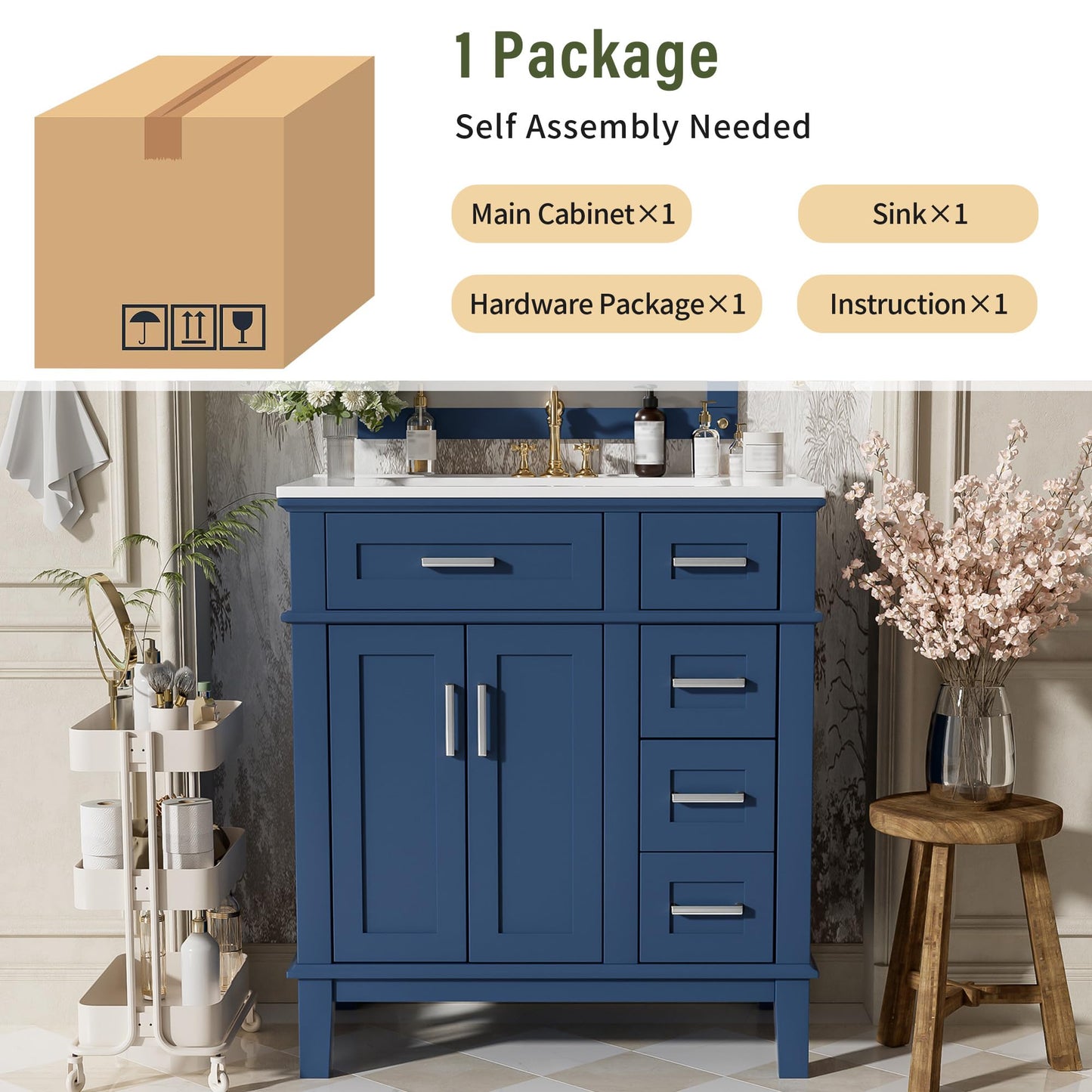 Merax 30" Small Bathroom Vanity with Ceramic Sink, Modern Solid Wood Frame Free-Standing Storage Cabinet, Soft-Close Doors, 2 Drawers & Under-Sink Storage, Space-Saving for Small Bathroom, Blue