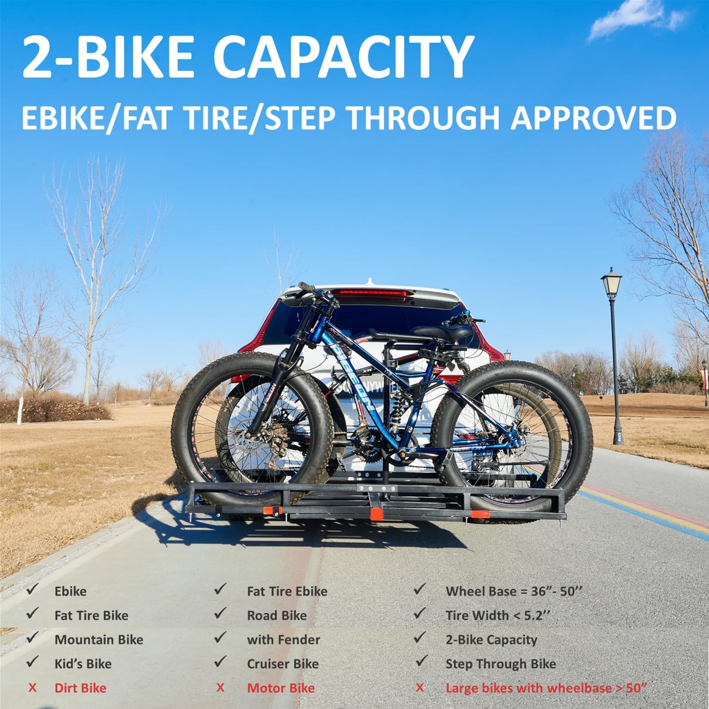 Bike Rack for Car Hitch 2-Bike - 300 lbs Capacity for 2 Ebike/Fat-Tire, Fits 2" Receiver for SUV/Truck/RV/Van, Platform Style