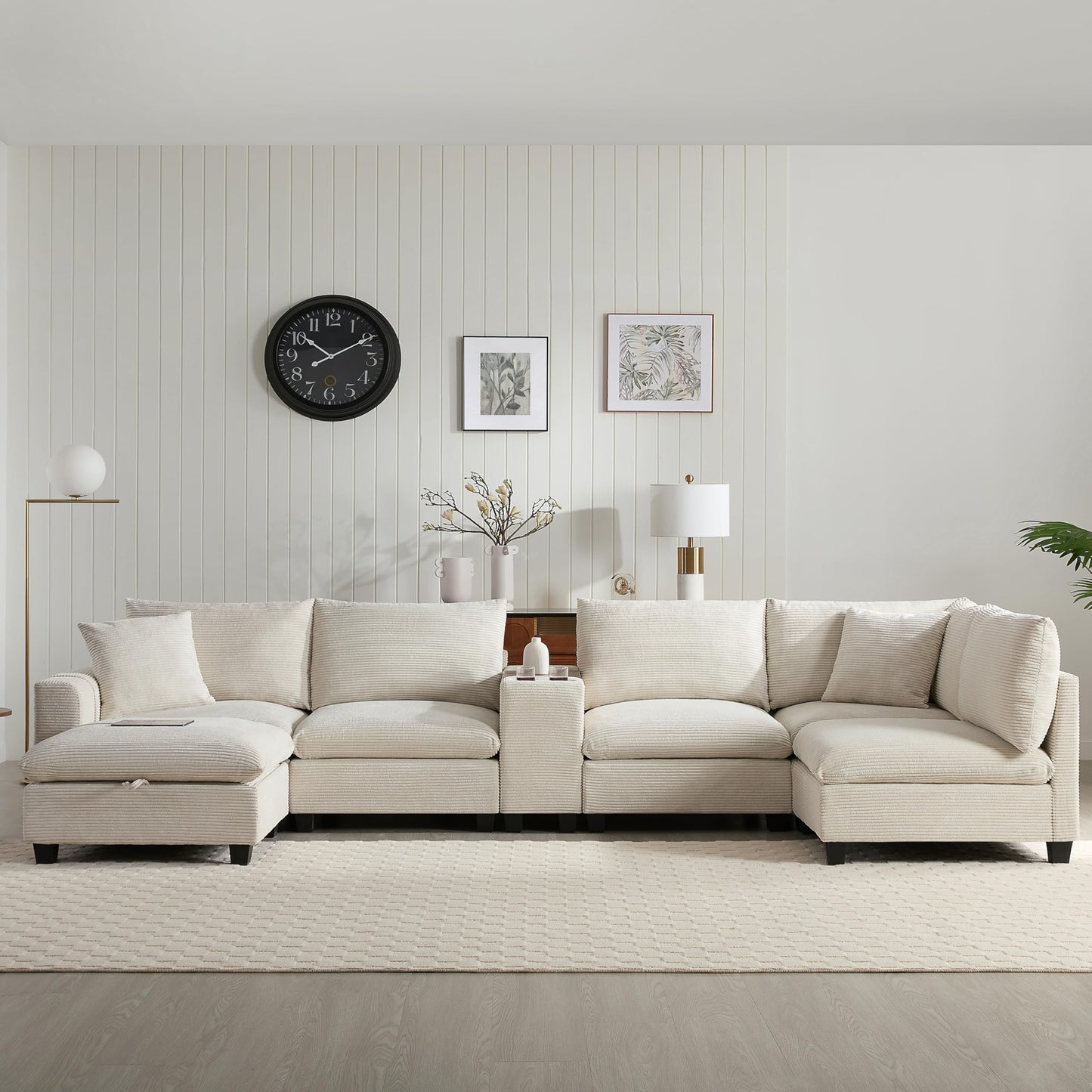 Merax 139'' Oversized Modular Sectional Sofa with Storage Ottoman and Console, Removable Storage Pockets, Cup Holder, Wide Seat, USB Charger, 6 Seat U Shaped Chenille Couch Set for Living Room, Beige