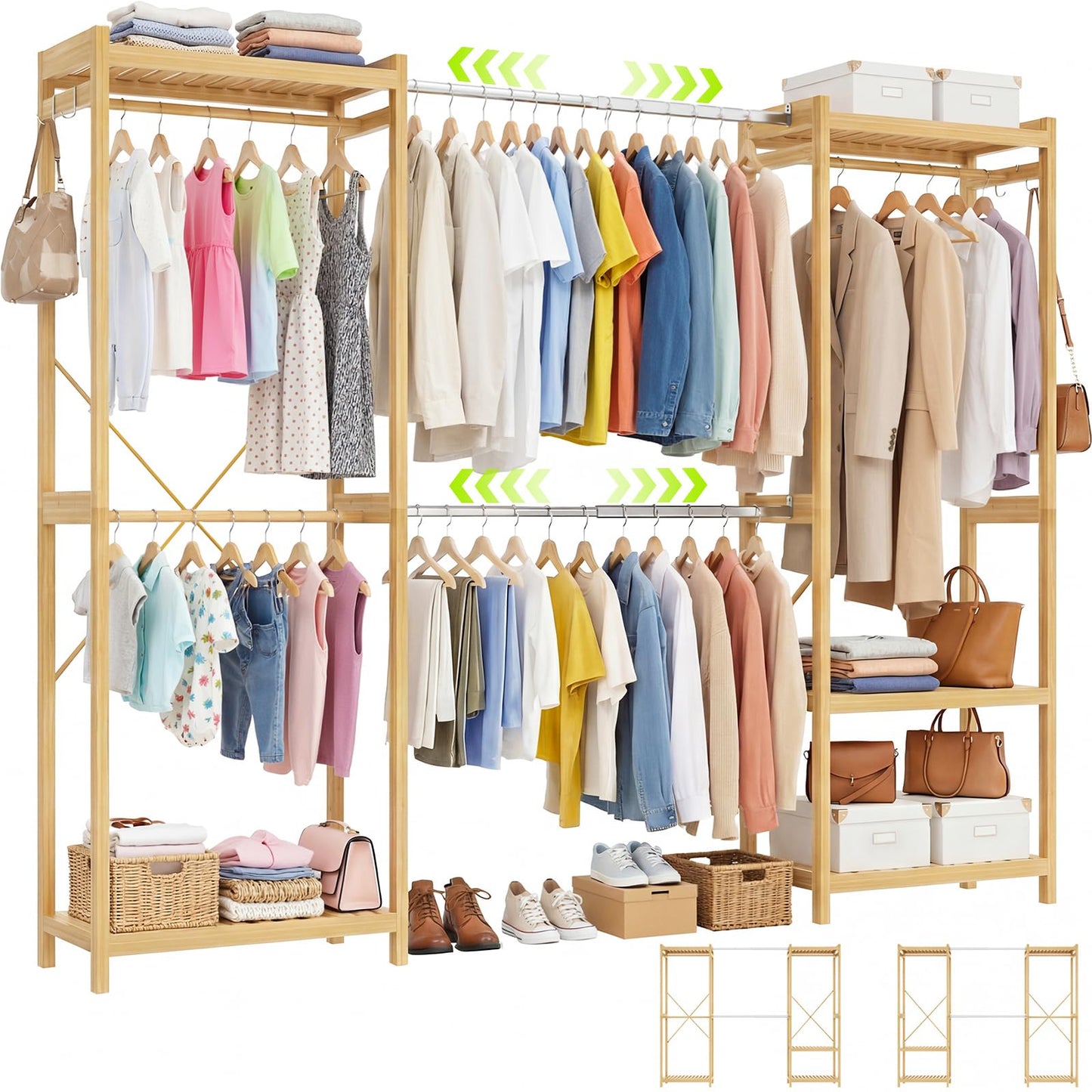 Homykic Bamboo Closet System, 74"-88" Expandable Clothing Rack with 5 Hanger Rods & Shelves, 6.6ft Tall Garment Rack Organizer for Walk-in Closet Bedroom, Max Load 850LBS, Easy to Assemble