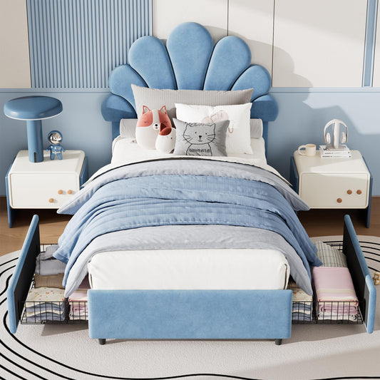 Twin Size Bed Frame for Kids - Cute Princess Style Velvet Headboard with 2 Storage Drawers, Upholstered Platform Bedframe with Solid Wood Slats Support, No Box Spring Needed, Easy Assembly, Blue