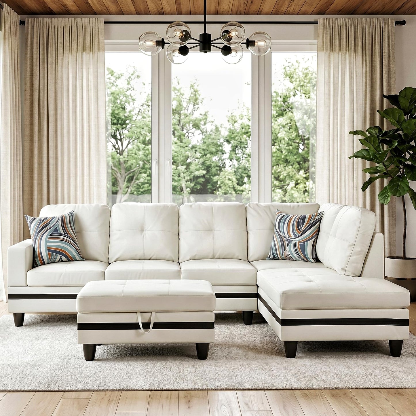 Topcomfy Leather L Shaped Sectional Couches for Living Room - 97.5“ x 66.5" Modular Sectional Sofa with Storage Ottoman, 4 Seat Home Sofa Living Room Furniture Sets with Chaise for Apartment, White