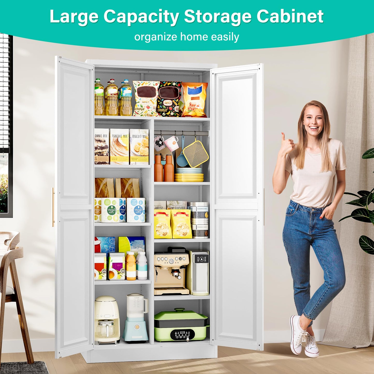 SISESOL 71" Tall Storage Cabinet with 9 Shelves and Hanging Rod,Kitchen Pantry Cabinet with 2 Door,White Metal Storage Cabinets,Large Cupboard for Home,Kitchen,Laundry,Bathroom