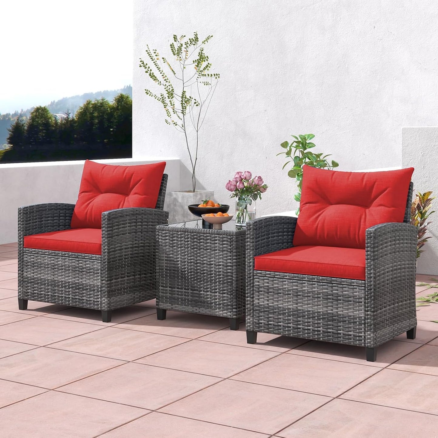 LDAILY Patio Furniture Set, 3 Pieces PE Rattan Wicker Patio Sofa Chairs with Washable Cushion & Glass Table, Outdoor Furniture Conversation Sets for Porch, Balcony, Garden, Poolside (Red)