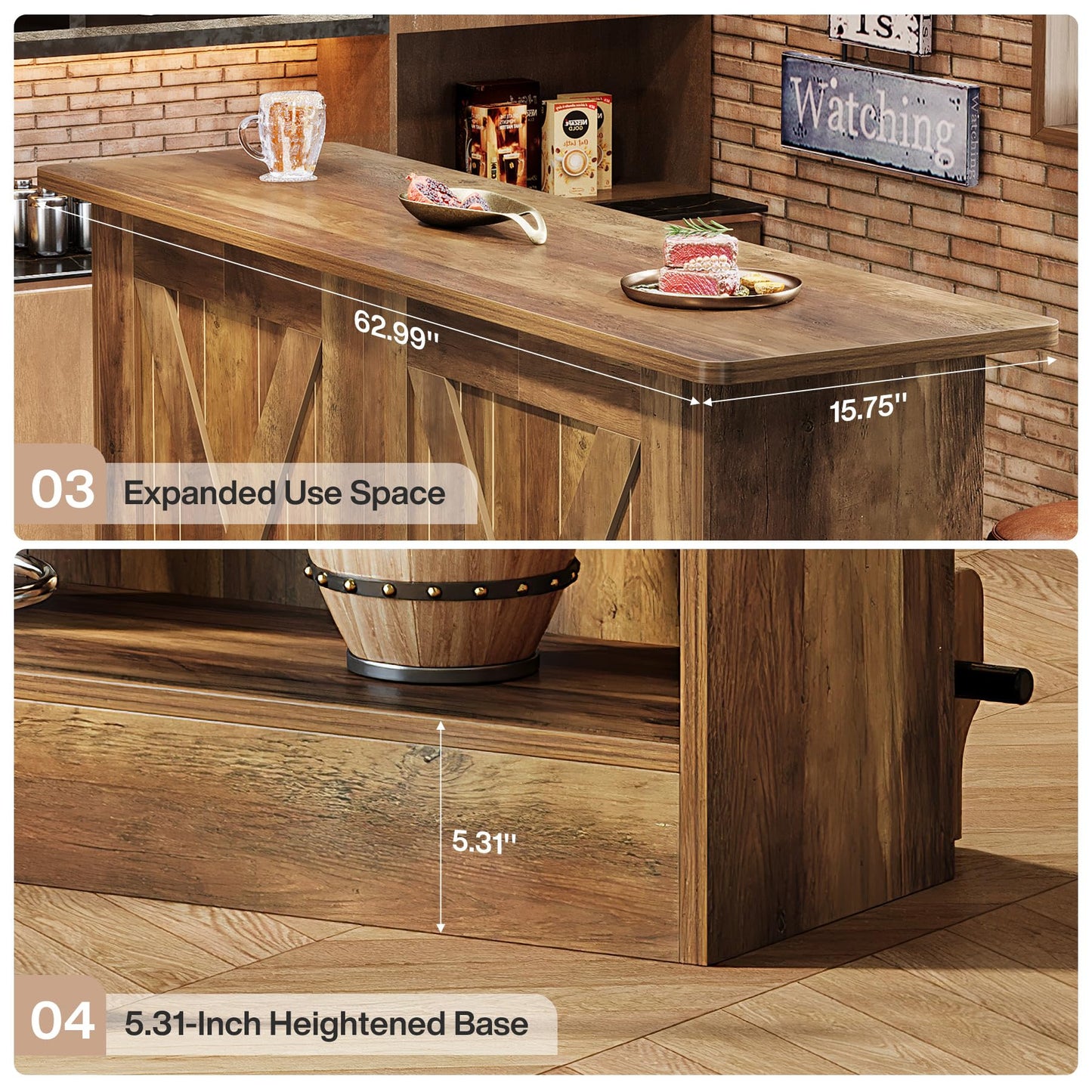 Tribesigns 63-Inch Bar Table, 2-Tier Bar Cabinet Height Pub Table with Footrest, Modern Coffee Cabinet for Home Kitchen, Large Home Unit Liquor Furniture, Bistro, Dining Room, Living Room (1, Brown)