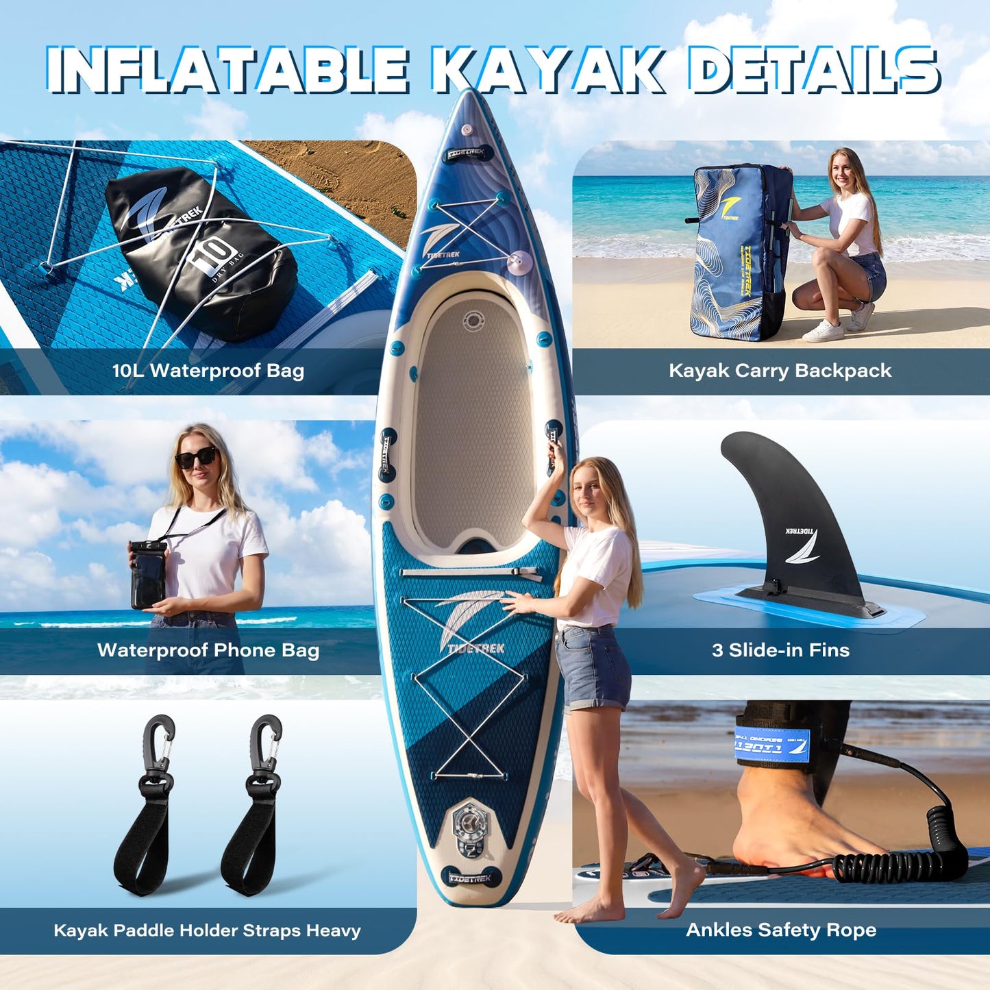 TIDETREK Inflatable Touring Kayak with Waterproof Seat & Premium Accessories, 11'3" x 35" x 8" Ultra-Stable SUP Kayak Hybrid, Non-Slip Comfort Deck for Adults & Youth (Deep Blue Current)