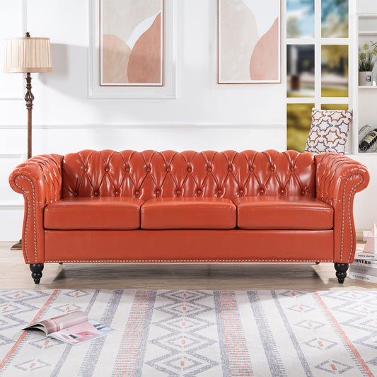 Ball & Cast 84" Chesterfield Leather Sofa with Channel Tufted Seat Back,Classic 3 Seater Couch w/Roll Arm Nailhead Trim and Upholstered,Mid Century Furniture for Living Room,Bedroom,Office,Orange PU