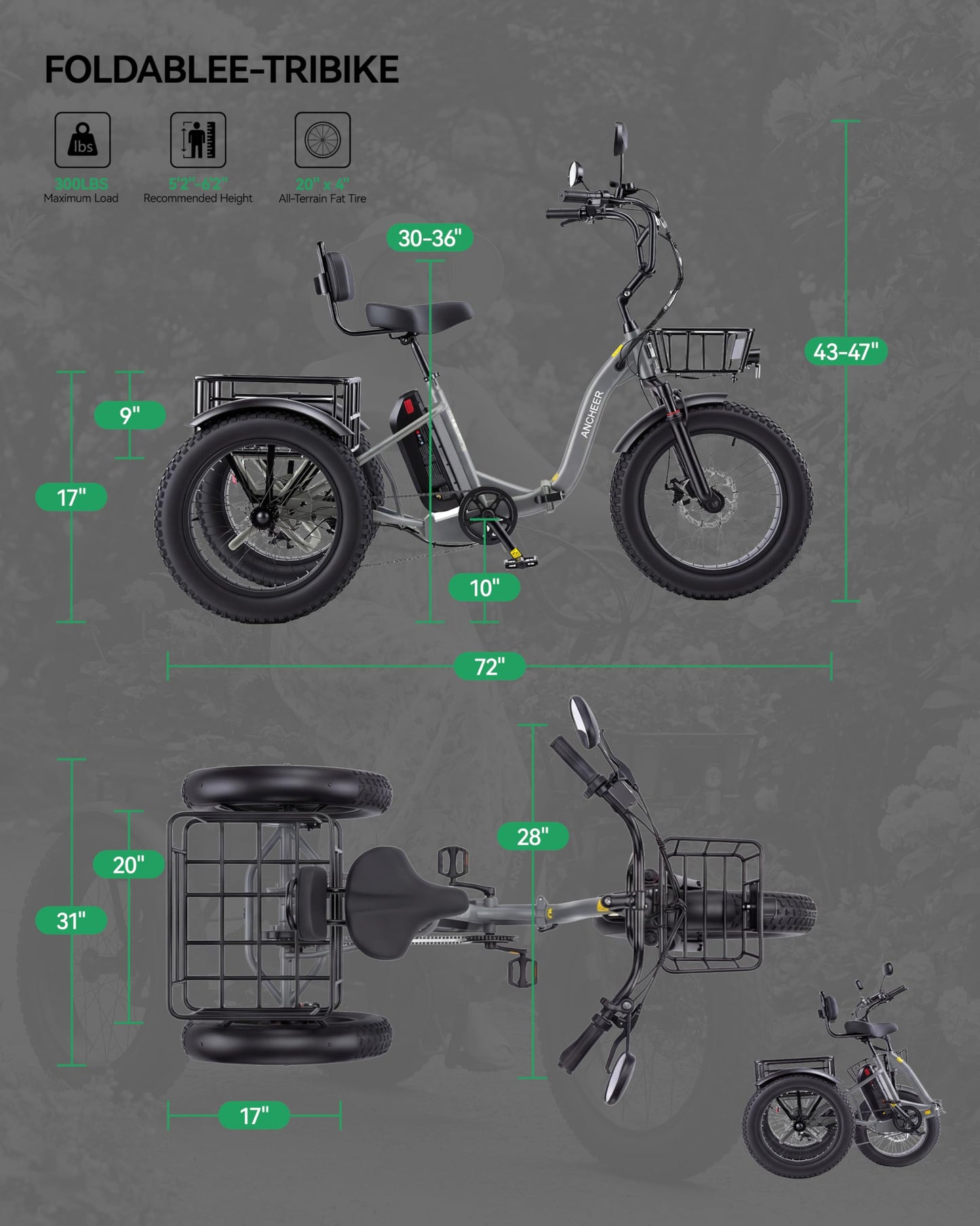 ANCHEER Electric Tricycle for Adults, 48V/864WH E Trike, 749W Powerful Motor, 20"x4.0" Fat Tire 3 Wheel Electric Bike, 3A Fast Charger, 15.5MPH, 65 Miles, Parking, Differential, UL2849 Compliant