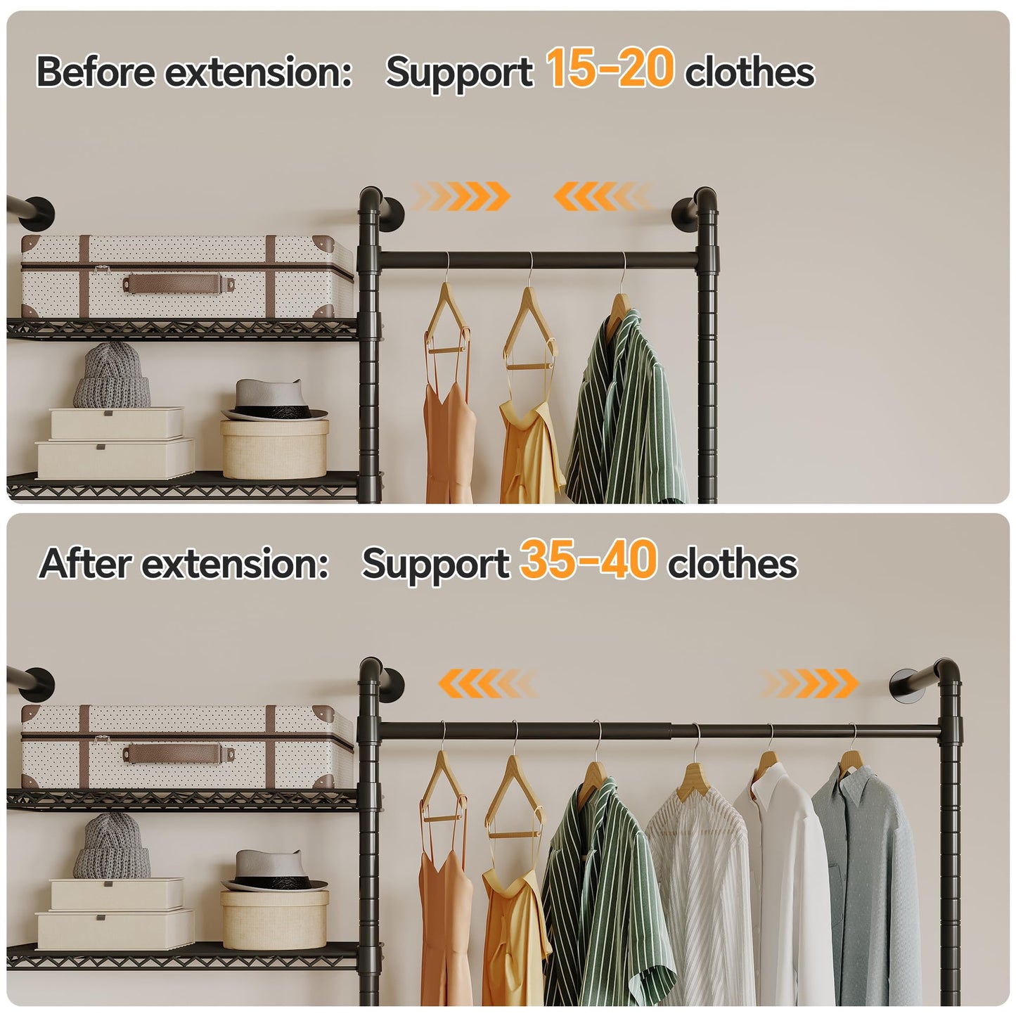 Higeego W3 Industrial Pipe Clothing Rack, Wall Mounted Clothes Rack Closet Wardrobe System with Expandable Hanger Rods Adjustable Storage Shelves, Heavy Duty Corner Walk-in Closet System, Black