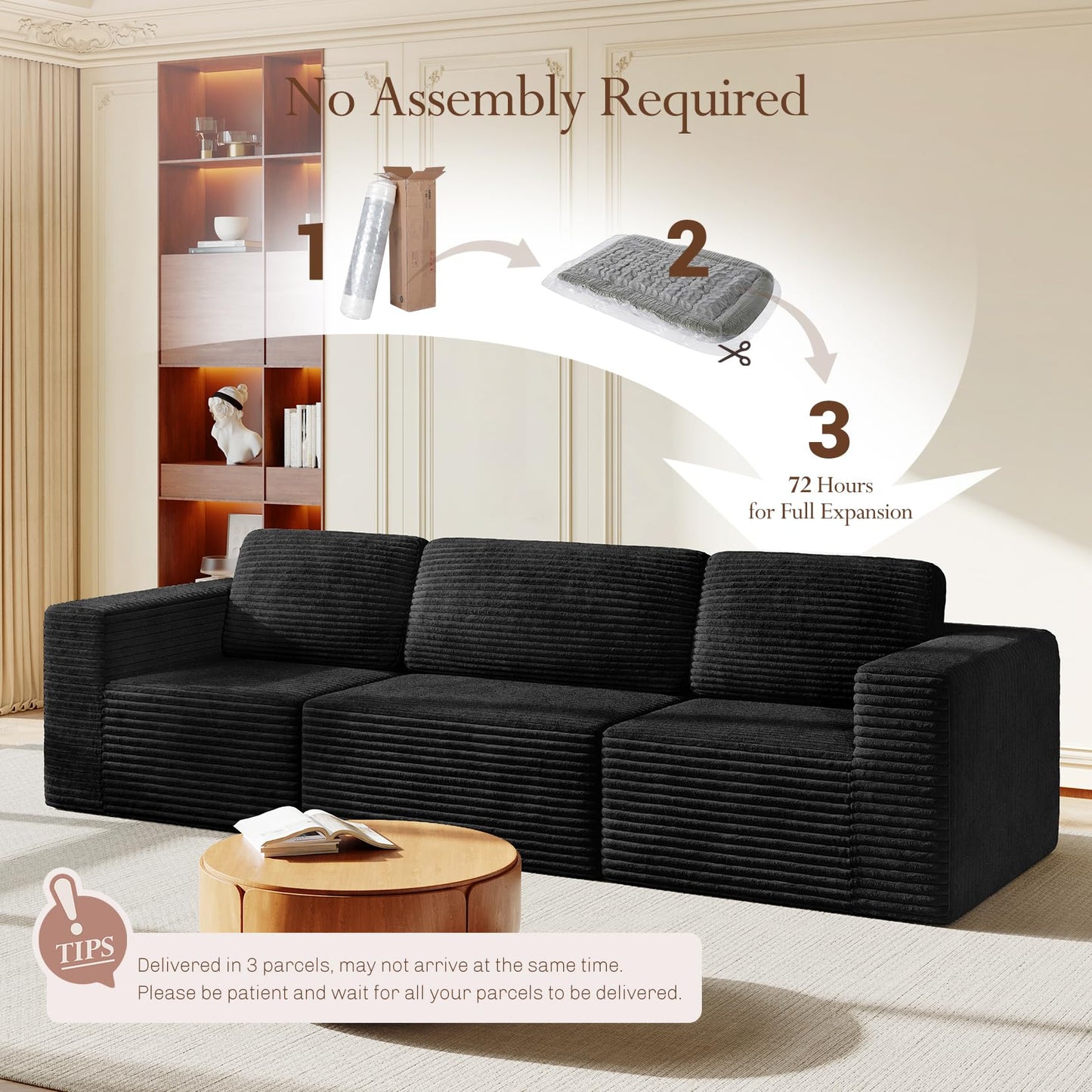 119" Modular Sofa Set, Corduroy Cloud Sectional Couch with Extra Deep Seating & Reinforced Spring System, Compact 3-Seater Boneless Sofa for Living Room & Apartment Spaces, Tool-Free Setup, Black