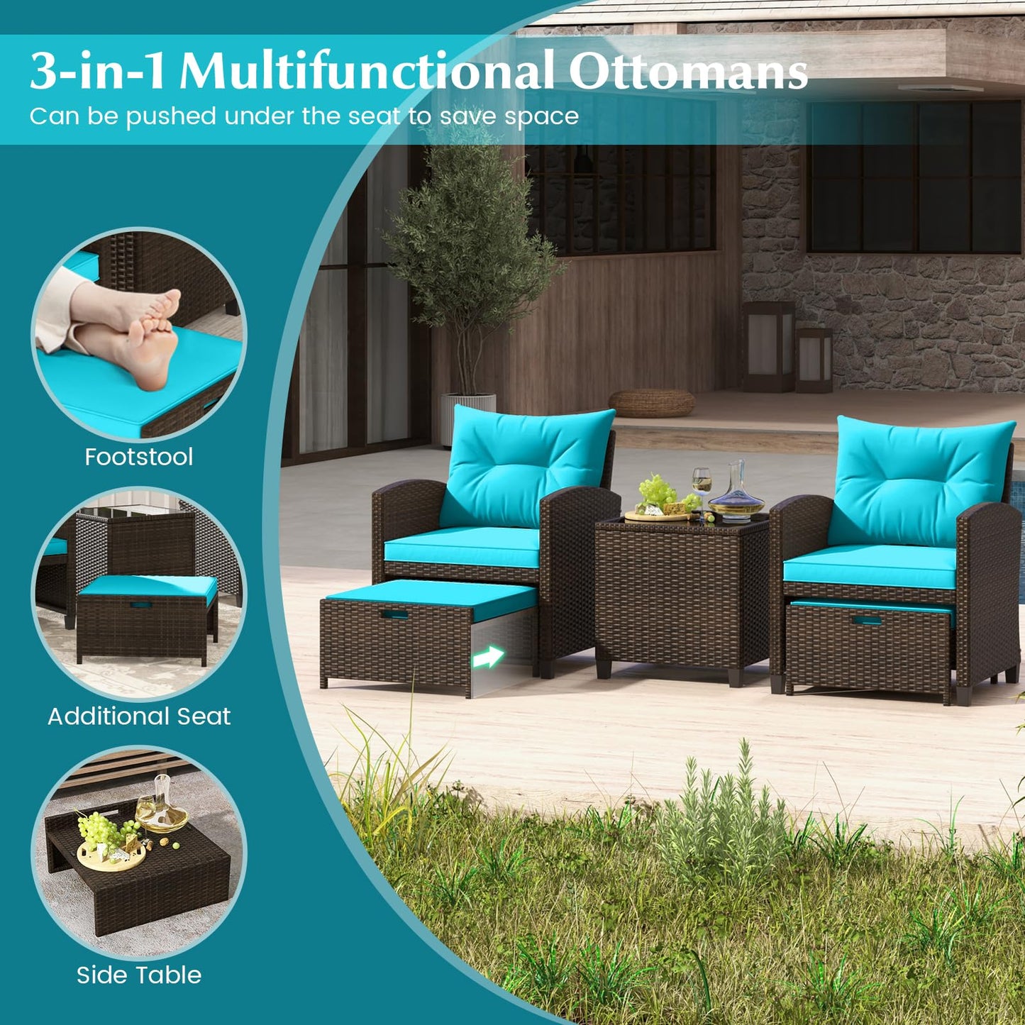 Tangkula 5 Pieces Patio Conversation Set, PE Wicker Outdoor Furniture Set with 2 Chairs, 2 Ottomans & Tempered Glass Coffee Table, Ideal for Poolside, Backyard, Lawn, Deck, Mix Brown & Turquoise