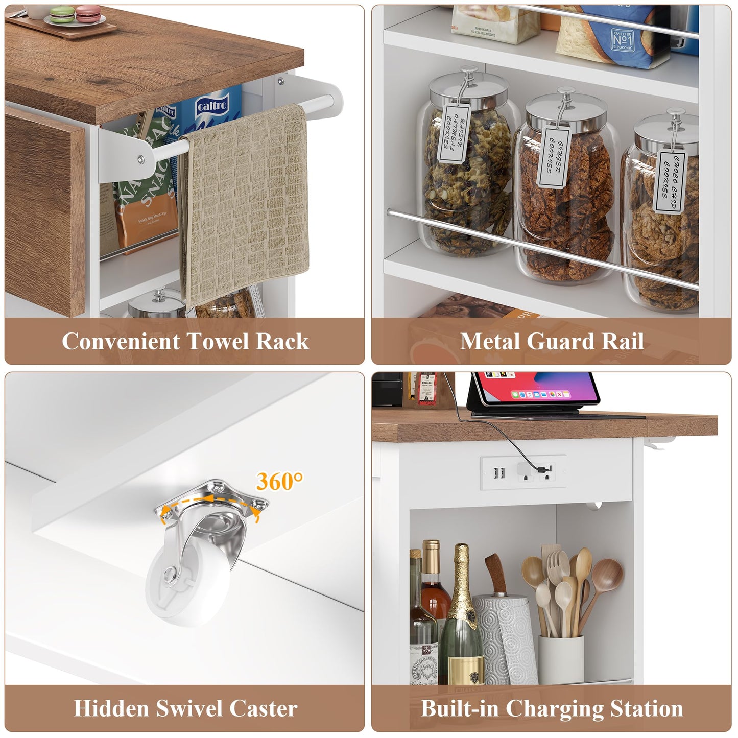 Keyluv Kitchen Storage Island with 2 Stools, 51.2” Mobile Kitchen Cart with Drop Leaf & Power Outlet, Rolling Island Table Dining Room Buffet with 2 Drawers & Side Storage Rack &Towel Rack, White