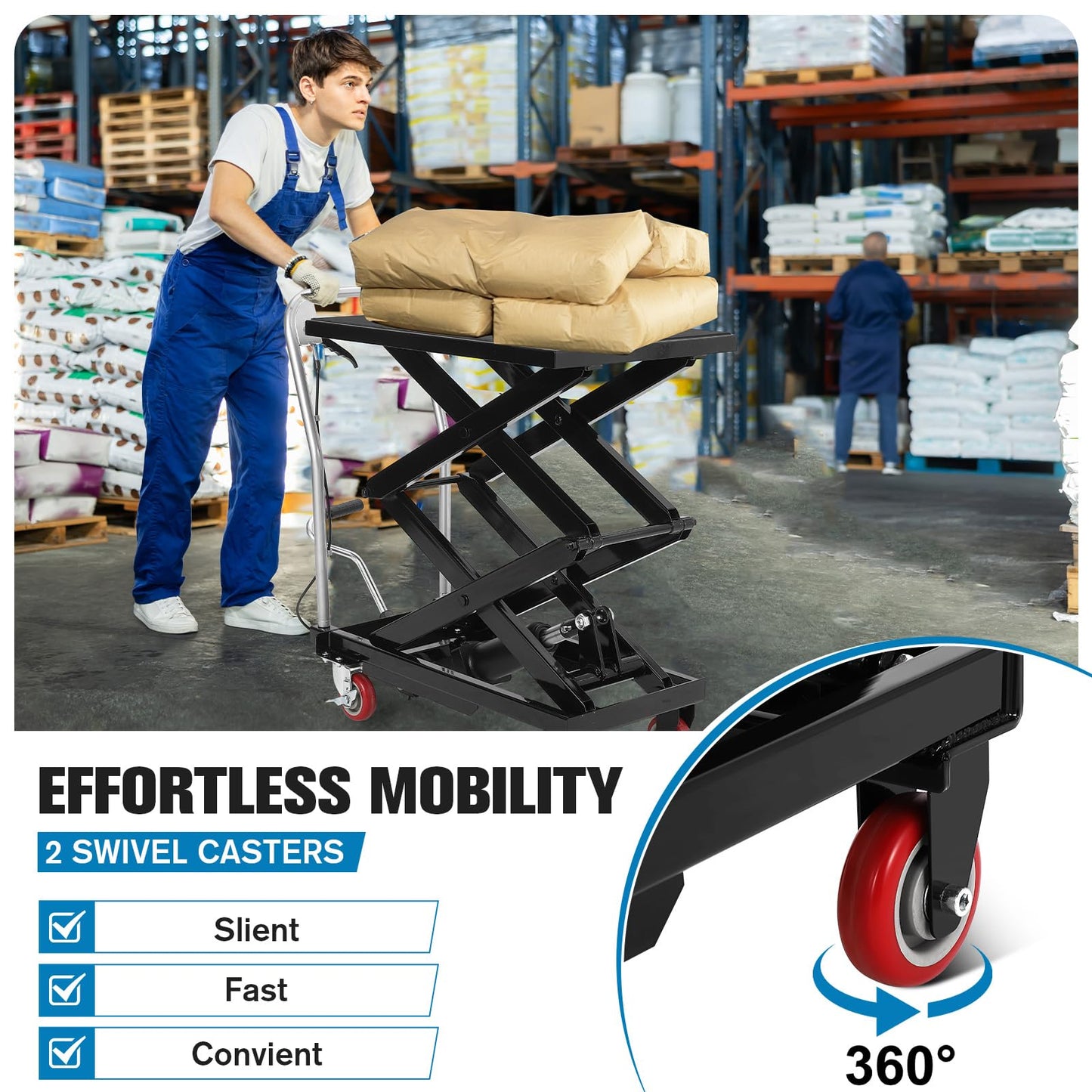 330lbs Capacity Hydraulic Lift Table Cart with 50”Lifting Height - Manual Double Scissor Lift Table with Locking Wheels and Non-Slip Pad - Hydraulic Scissor Cart for Material Handling