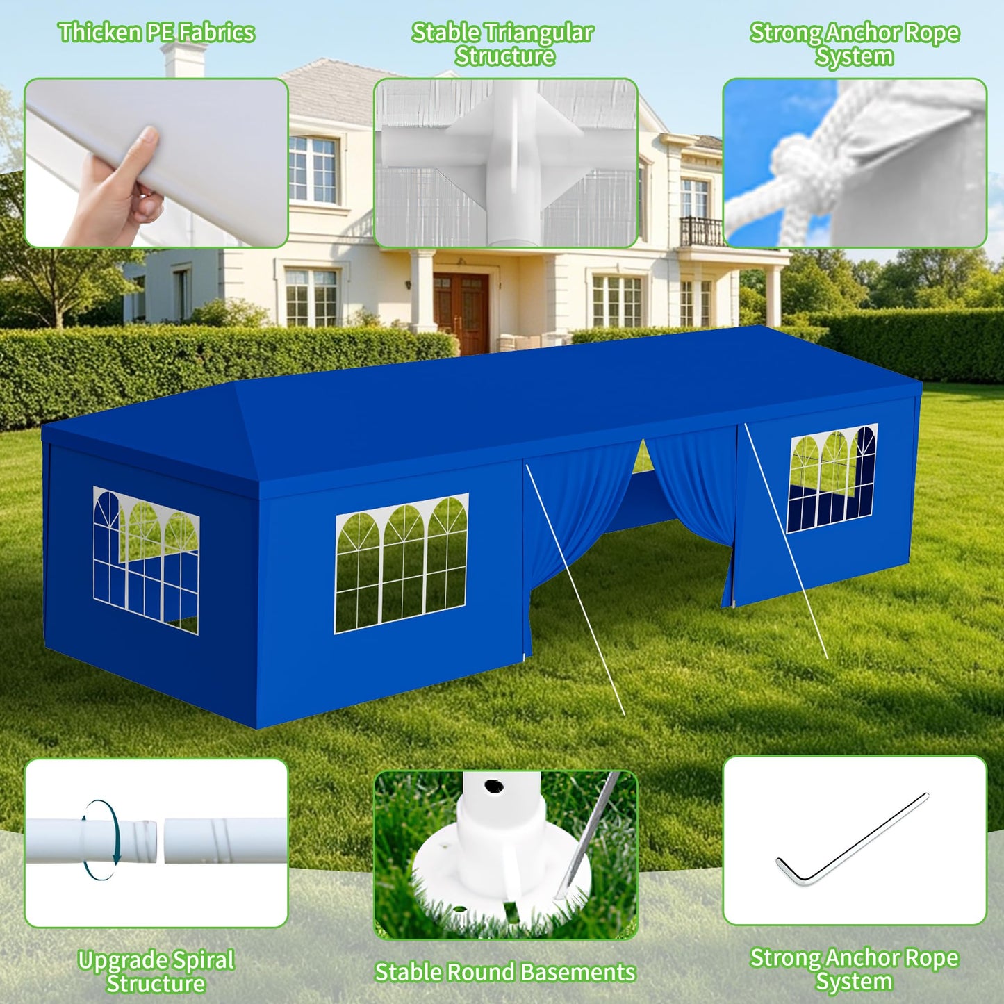 10' x 30' Outdoor Canopy Tents with 8 Detachable Sidewalls, Blue Patio Gazebo Tents, Shade Shelters for Birthday, Events, Party, Wedding, Gatherings and Patio