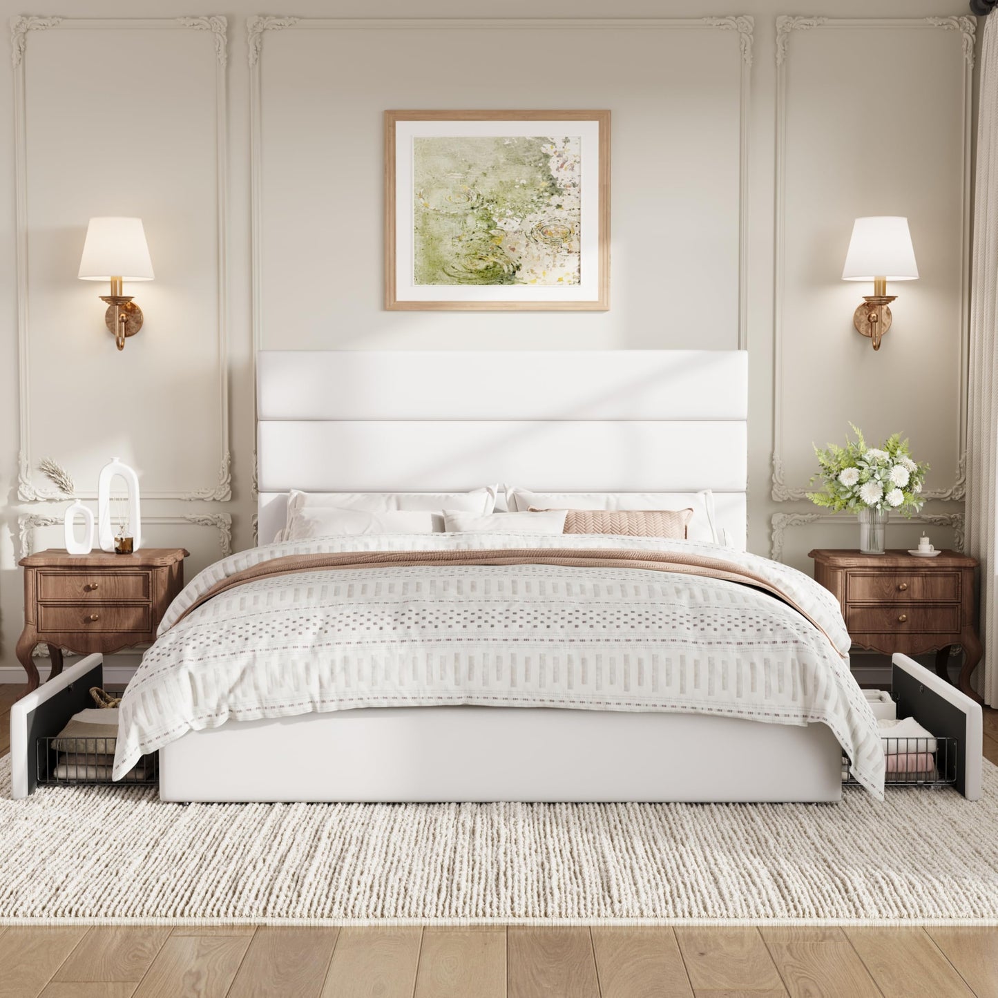 SHA CERLIN Queen Size Platform Bed Frame with 4 Storage Drawers, Velvet Upholstered Headboard, Mattress Foundation with Wooden Slats Support, No Box Spring Needed, Easy Assembly, White