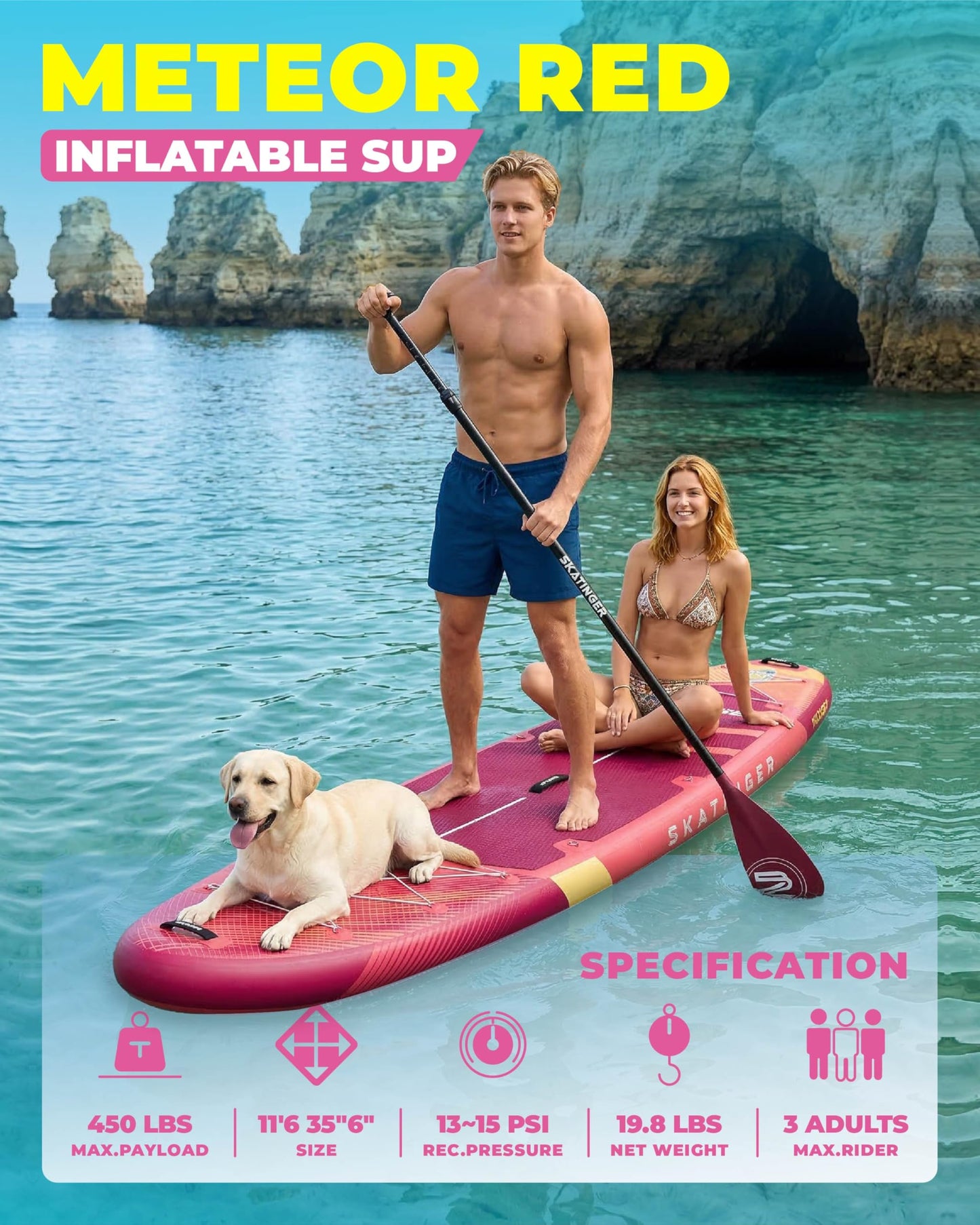 Skatinger 11'6×35" Super Wide Inflatable Paddle Board, Ultra Stable Stand Up Paddleboards for 450lb/3 People/Family/Big Size w/Shoulder Strap, 100L Backpack, All-Round Sup Board, US Fin